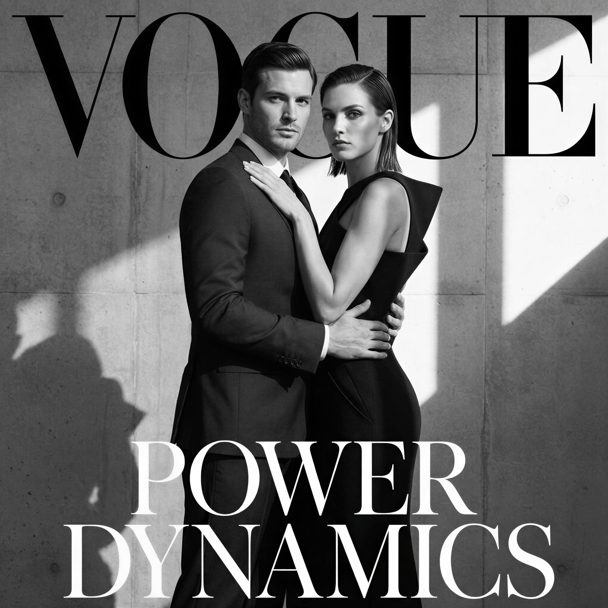Vogue editorial style, professional couple photography, dramatic studio lighting with hard shadows, elegant minimalist backdrop, confident intimate stance, couple standing close, sophisticated power dynamic, high contrast, magazine quality editorial portrait, elegant synergy