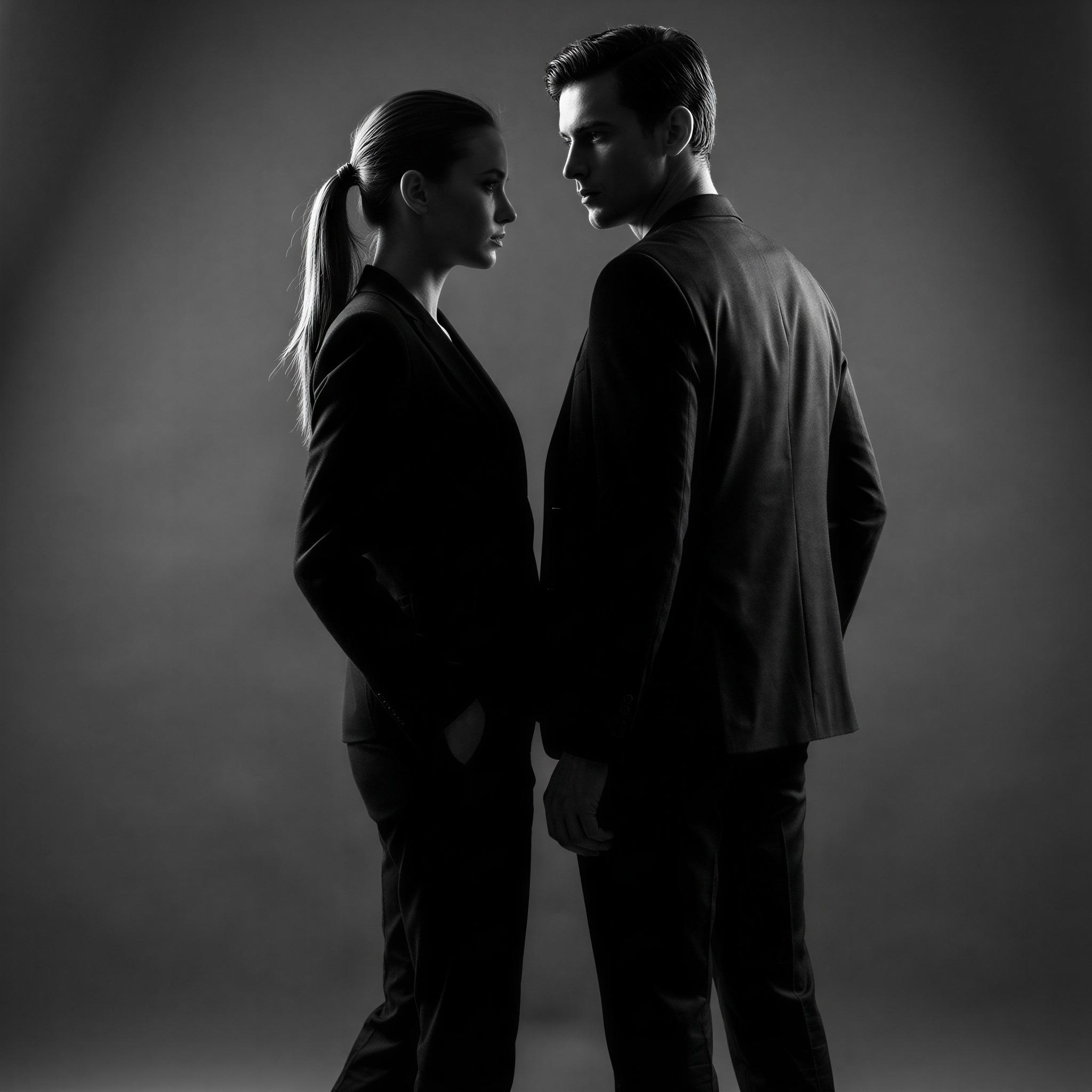 Vogue editorial style, dramatic studio lighting contrast, sharp focus, professional business attire, two figures standing side-by-side conveying confidence and partnership, elegant minimalist backdrop, powerful silhouette, magazine quality corporate portrait, strong professional chemistry