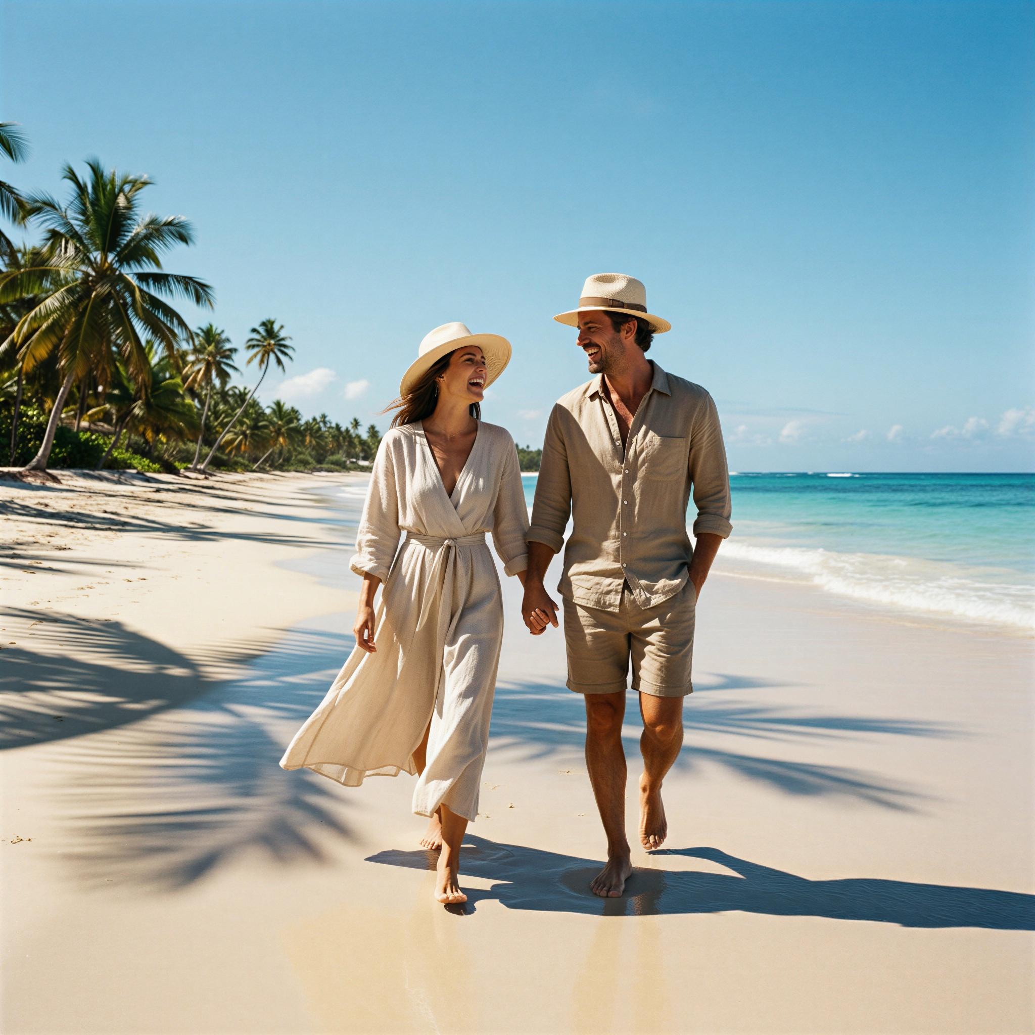 Vogue editorial style, couple walking hand-in-hand on a tropical beach, bright midday sun with sharp contrast and dramatic shadows, joyful and carefree mood, wide-angle shot capturing expansive ocean view, high-resolution fashion photography, cinematic quality, sense of shared adventure