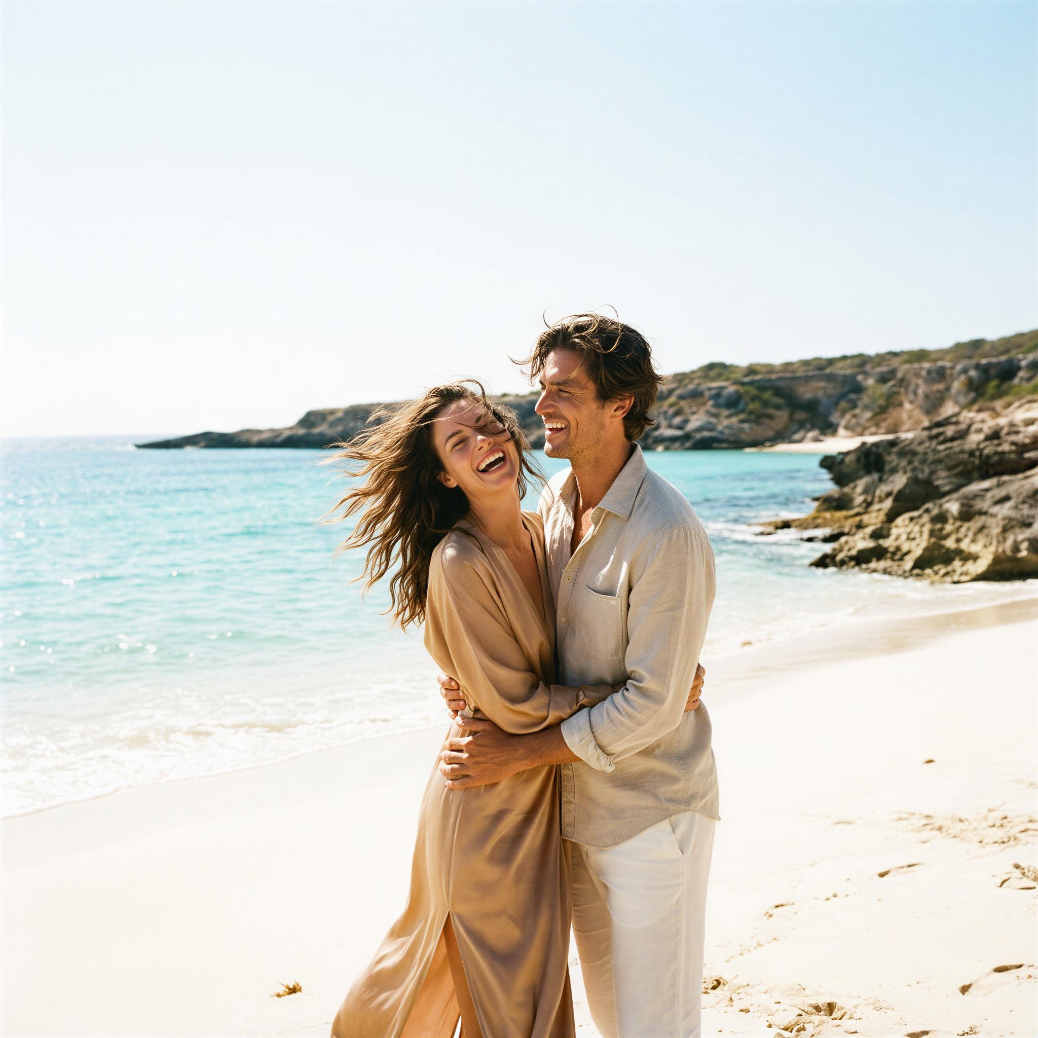 Vogue editorial style, sun-drenched tropical beach, bright mid-day natural light, two figures embracing, joyful and carefree mood, wide-angle shot showcasing expansive ocean view, cinematic composition, high-resolution fashion quality photography