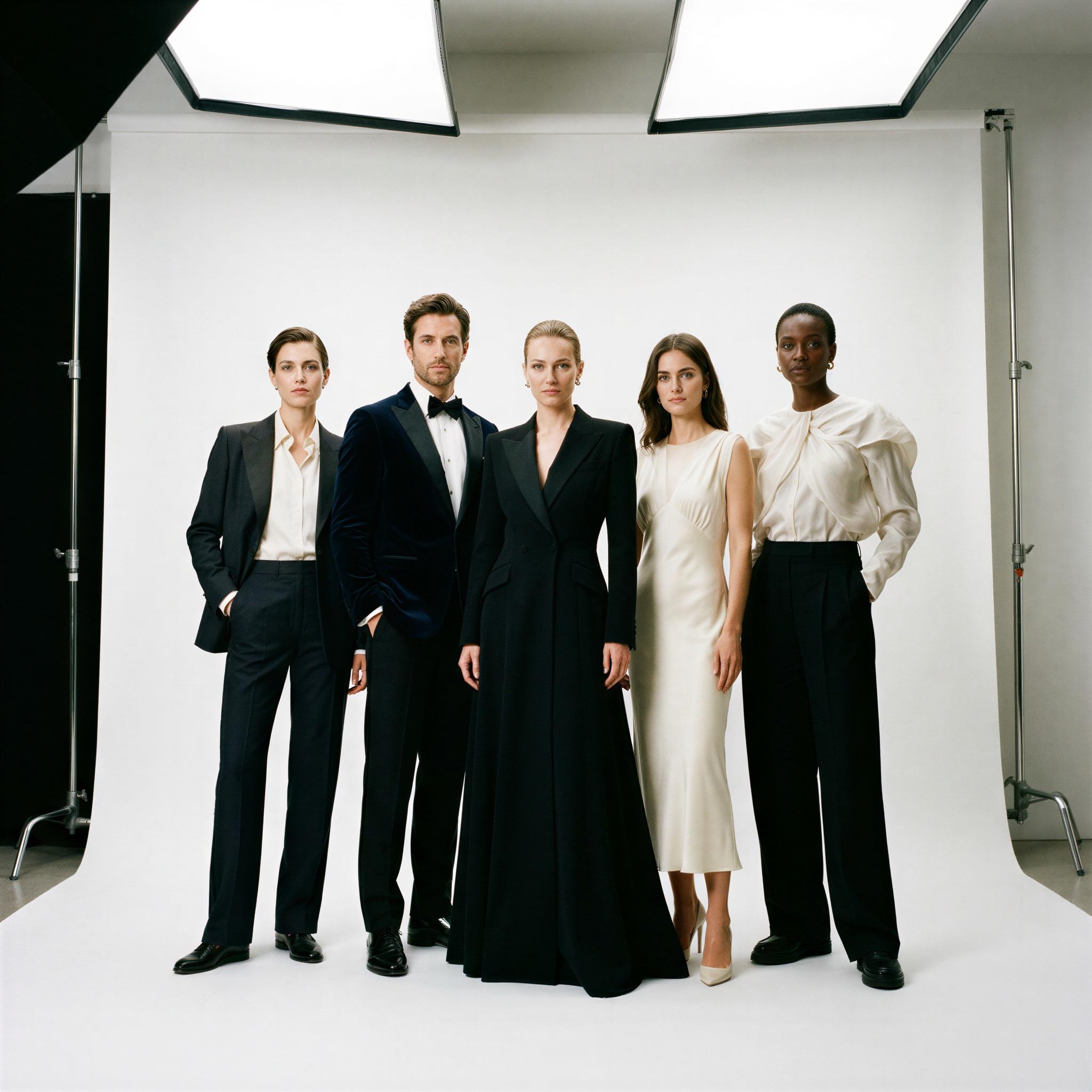 Vogue editorial style, formal studio setting, high-key crisp white backdrop, even softbox lighting illuminating the group, elegant posing, sophisticated attire, group standing formally, sense of timeless elegance, high-resolution fashion photography