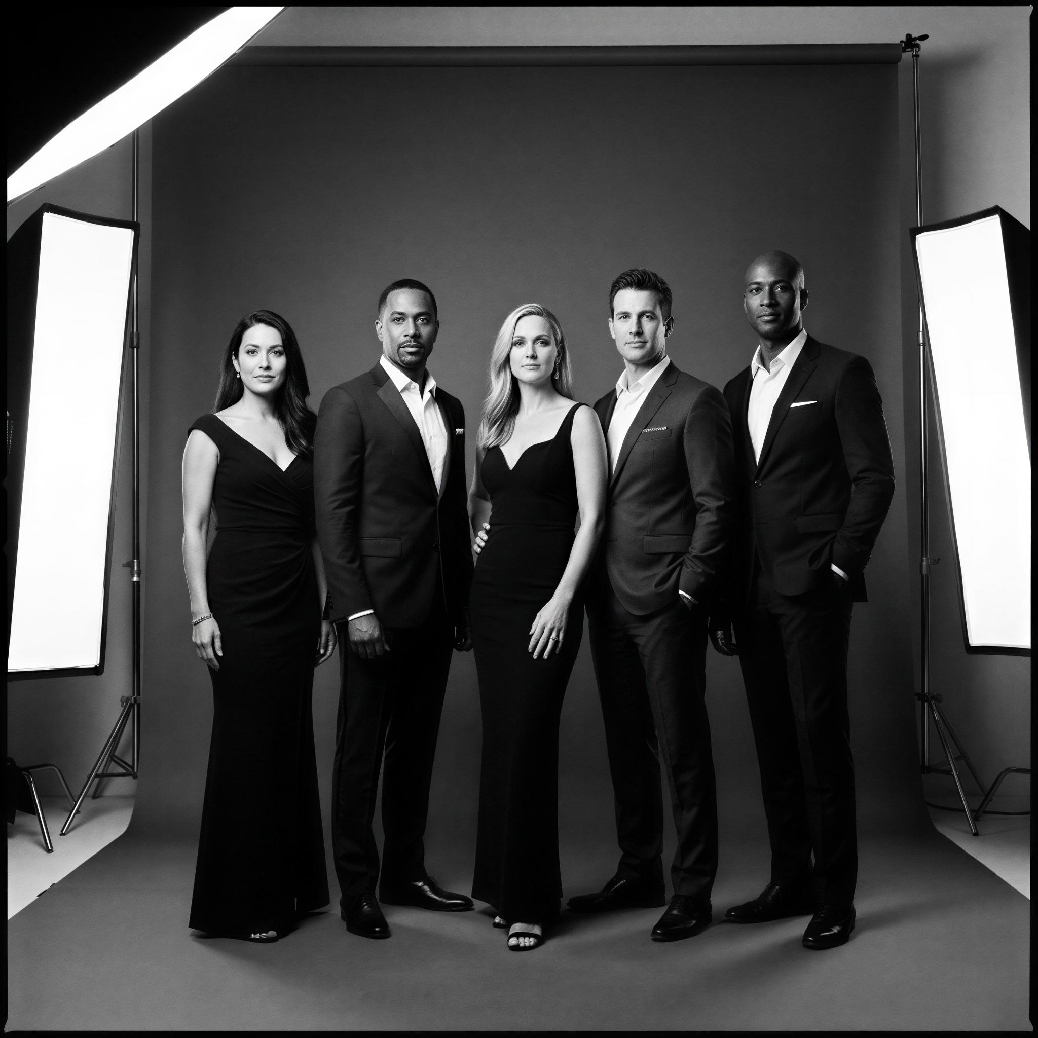 Vogue editorial style, formal studio setting, dramatic yet even softbox lighting, group arrangement exuding elegance and unity, sophisticated muted backdrop, confident and poised collective posture, high-contrast sharpness, magazine quality group portrait, timeless formality