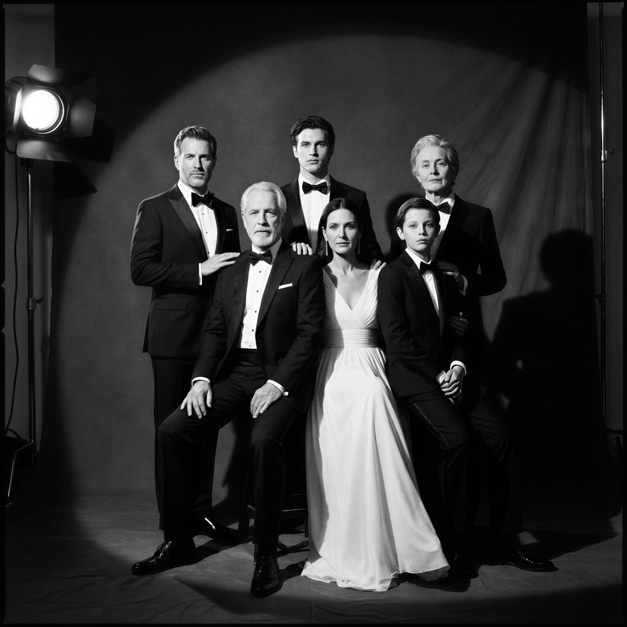 Vogue editorial style formal studio photography, classic dark backdrop, strong directional theatrical lighting creating dramatic shadows, elegant group posing, confident and composed atmosphere, high contrast monochrome aesthetic, professional fashion photography quality, timeless family legacy