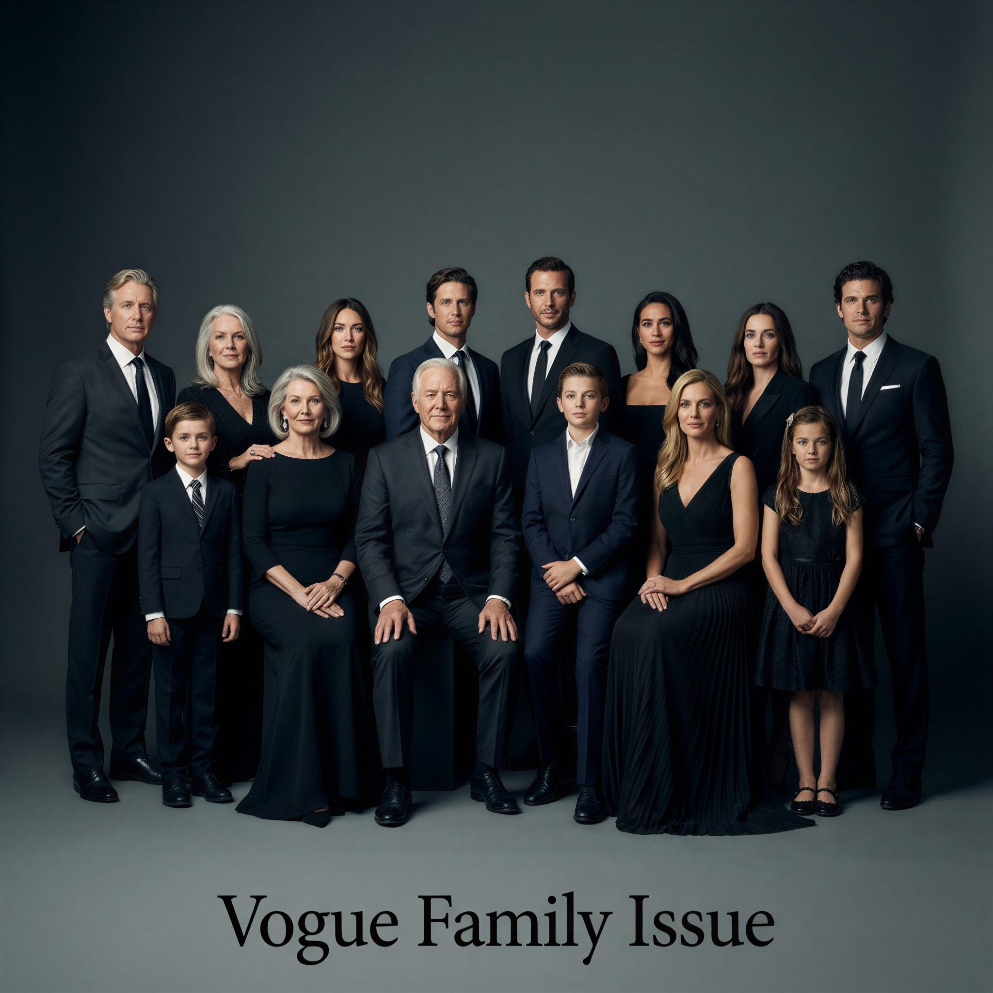 Vogue editorial style, formal studio setting with a deep grey backdrop, dramatic Rembrandt lighting highlighting contours, large assembled family group posing formally, elegant confident mood, symmetrical composition, sharp focus, high-resolution magazine quality group photo