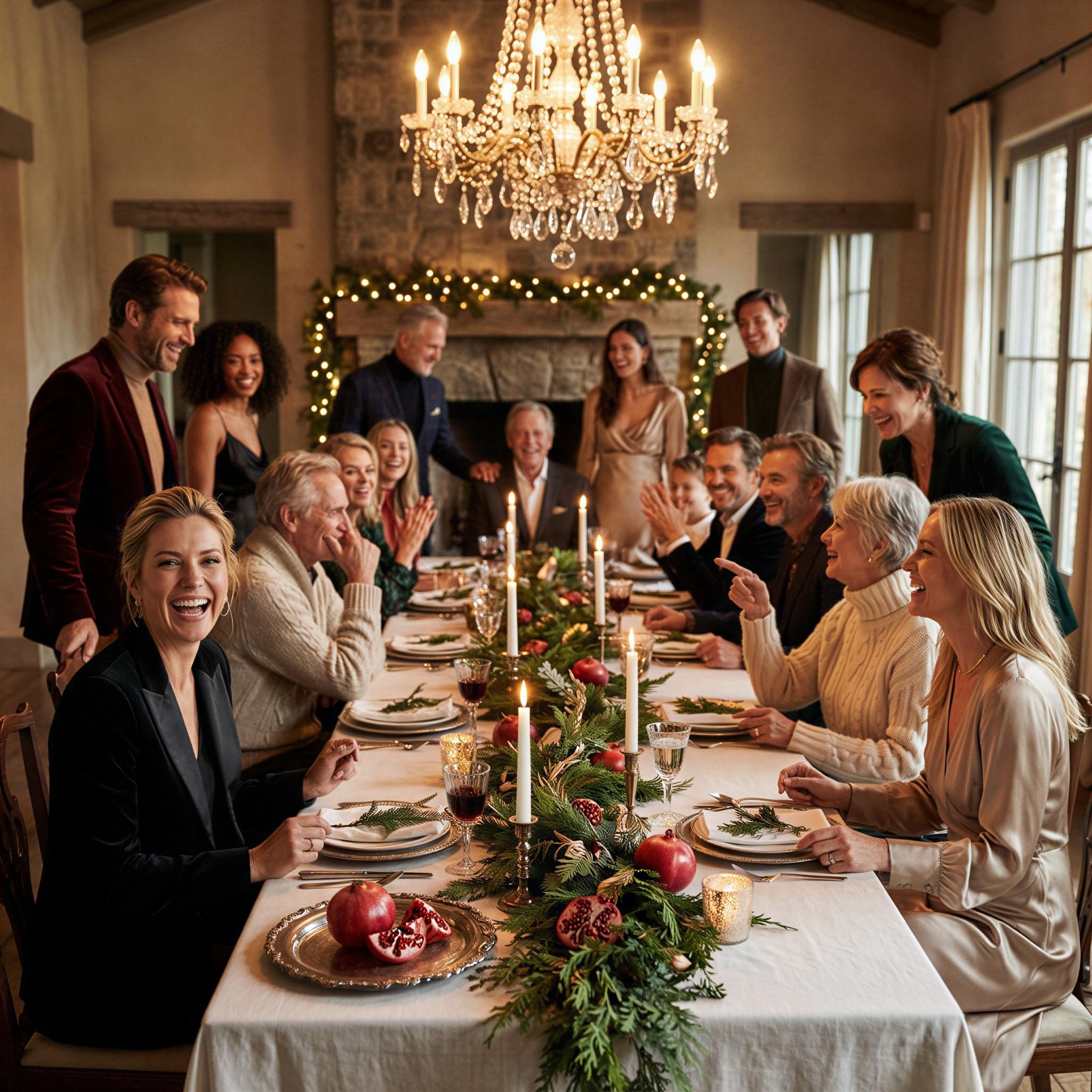 Vogue editorial style, large family group gathered around a festively decorated dining table, warm ambient holiday lighting mixed with soft overhead chandelier glow, joyful laughter and interaction, shallow depth of field, elegant candid composition, high-resolution magazine quality editorial