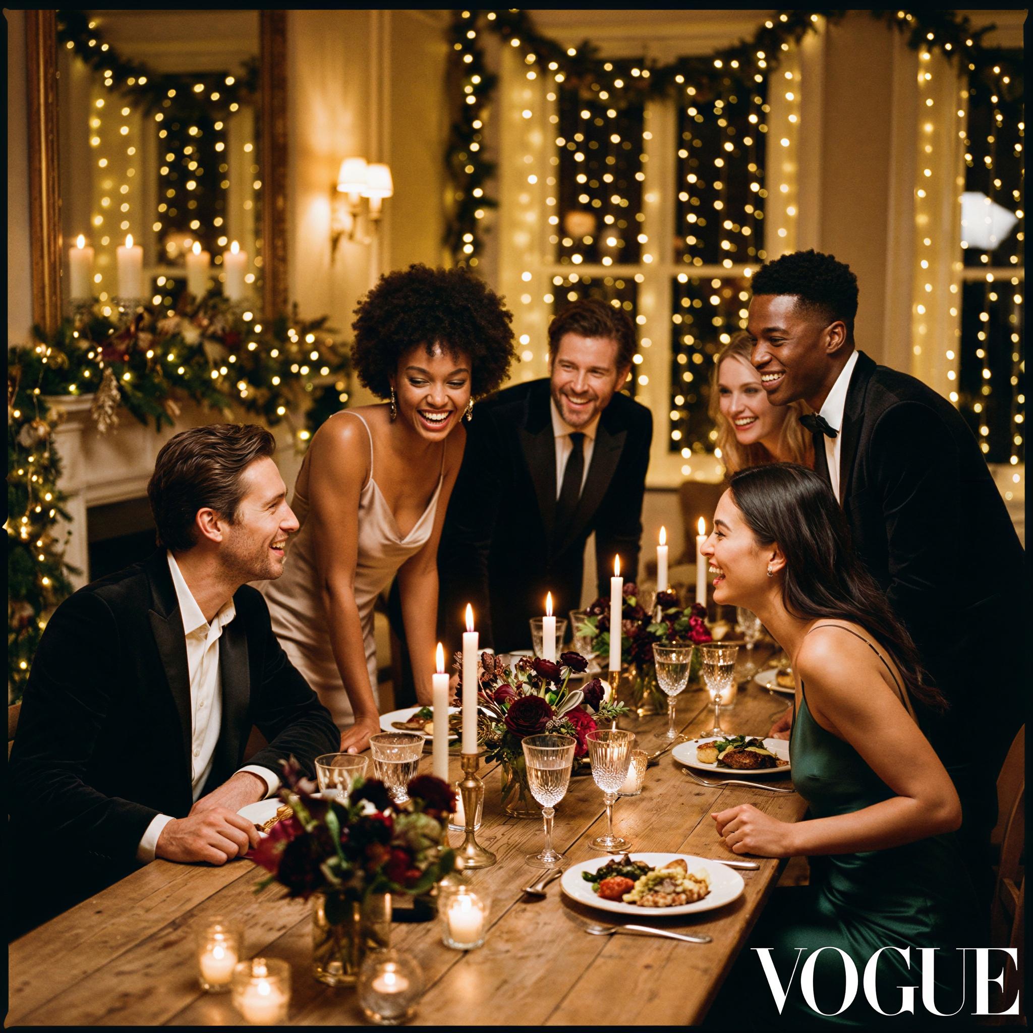 Vogue editorial style photography, elegant holiday gathering setting, dramatic warm string light bokeh, group gathered around a beautifully set table, joyful festive atmosphere, close-up composition showing connection, high-resolution fashion editorial quality, celebratory elegance