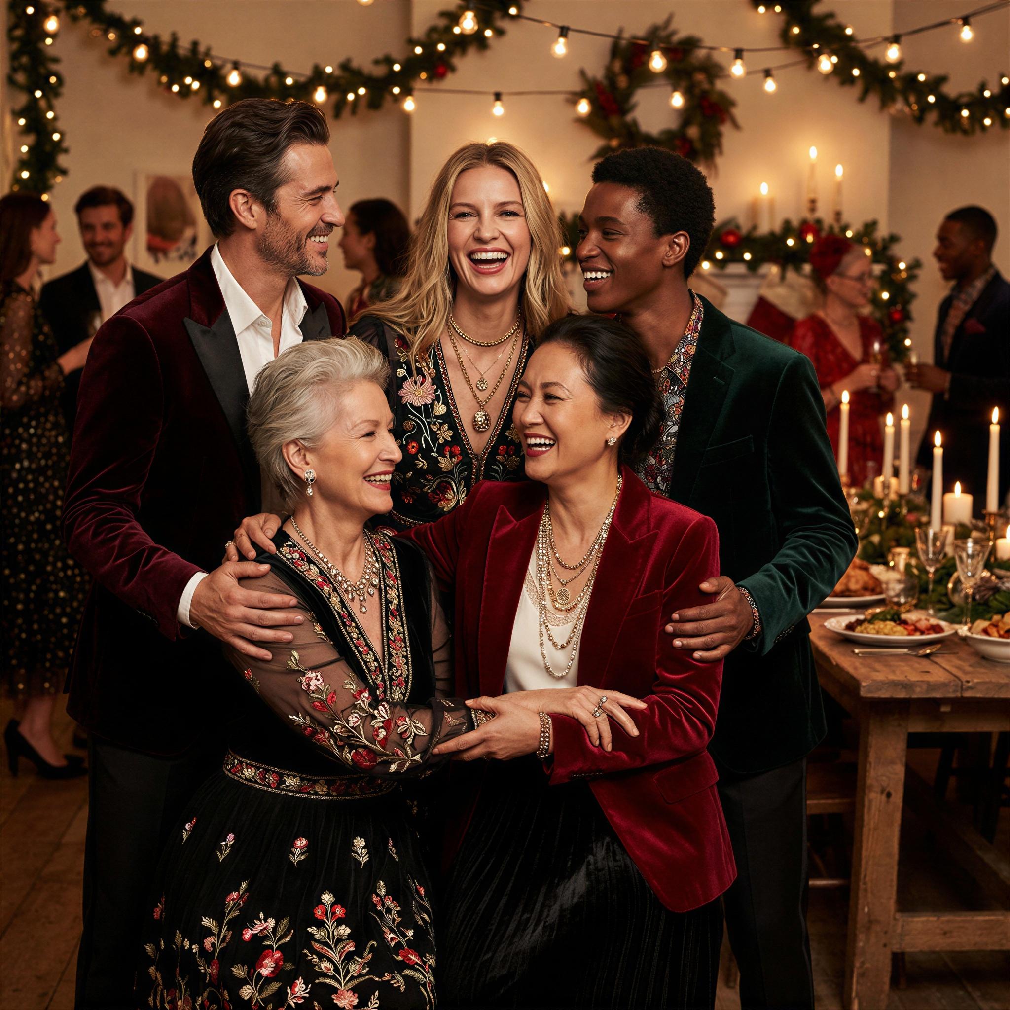 Vogue editorial style, lively holiday gathering scene, warm ambient string lights, diverse family group embracing in a celebratory moment, joyful and connected atmosphere, shallow depth of field, high-resolution editorial fashion photography, festive elegance
