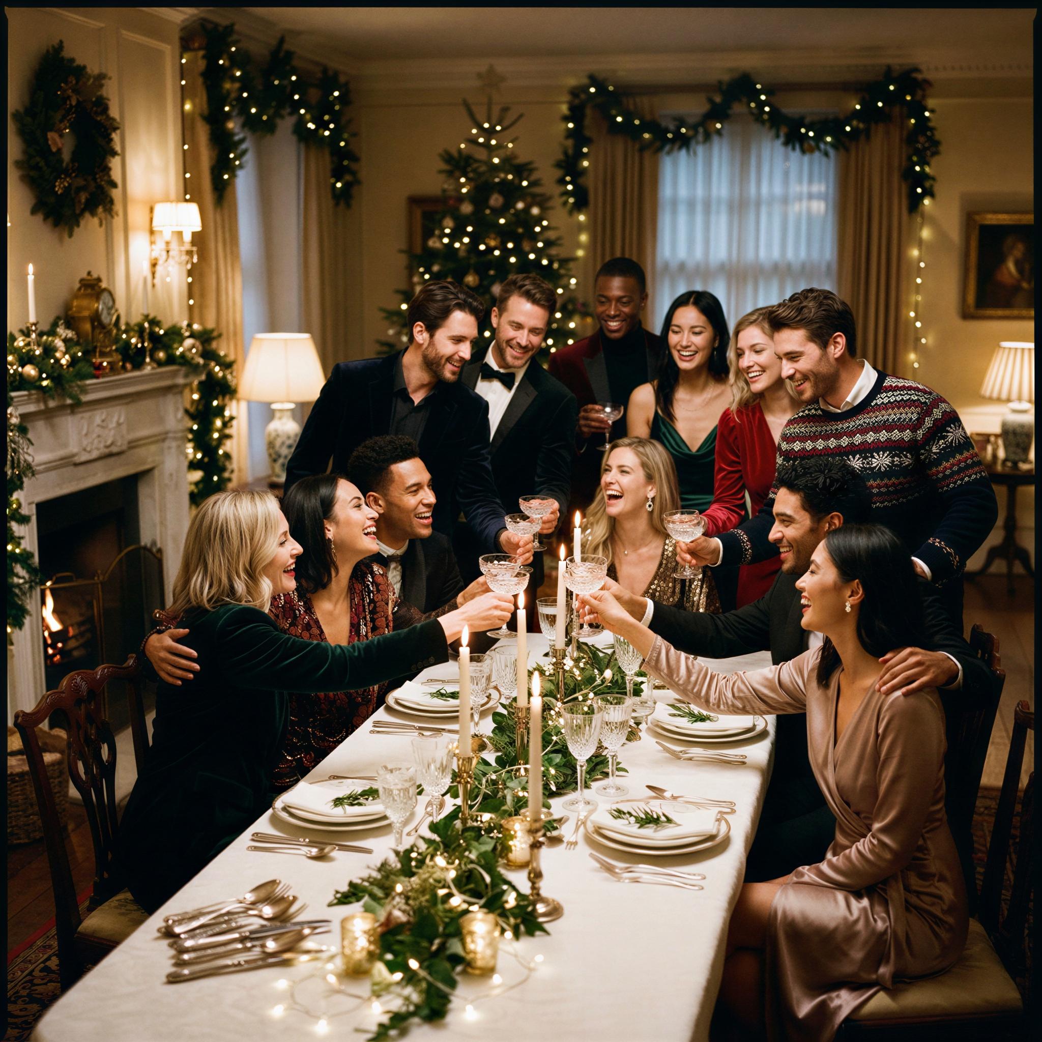 Vogue editorial style group photography, elegantly decorated holiday home interior, ambient warm fairy lights and soft shadows, large group candid interaction around a beautifully set dining table, joyful and celebratory mood, shallow depth of field, high-resolution editorial quality