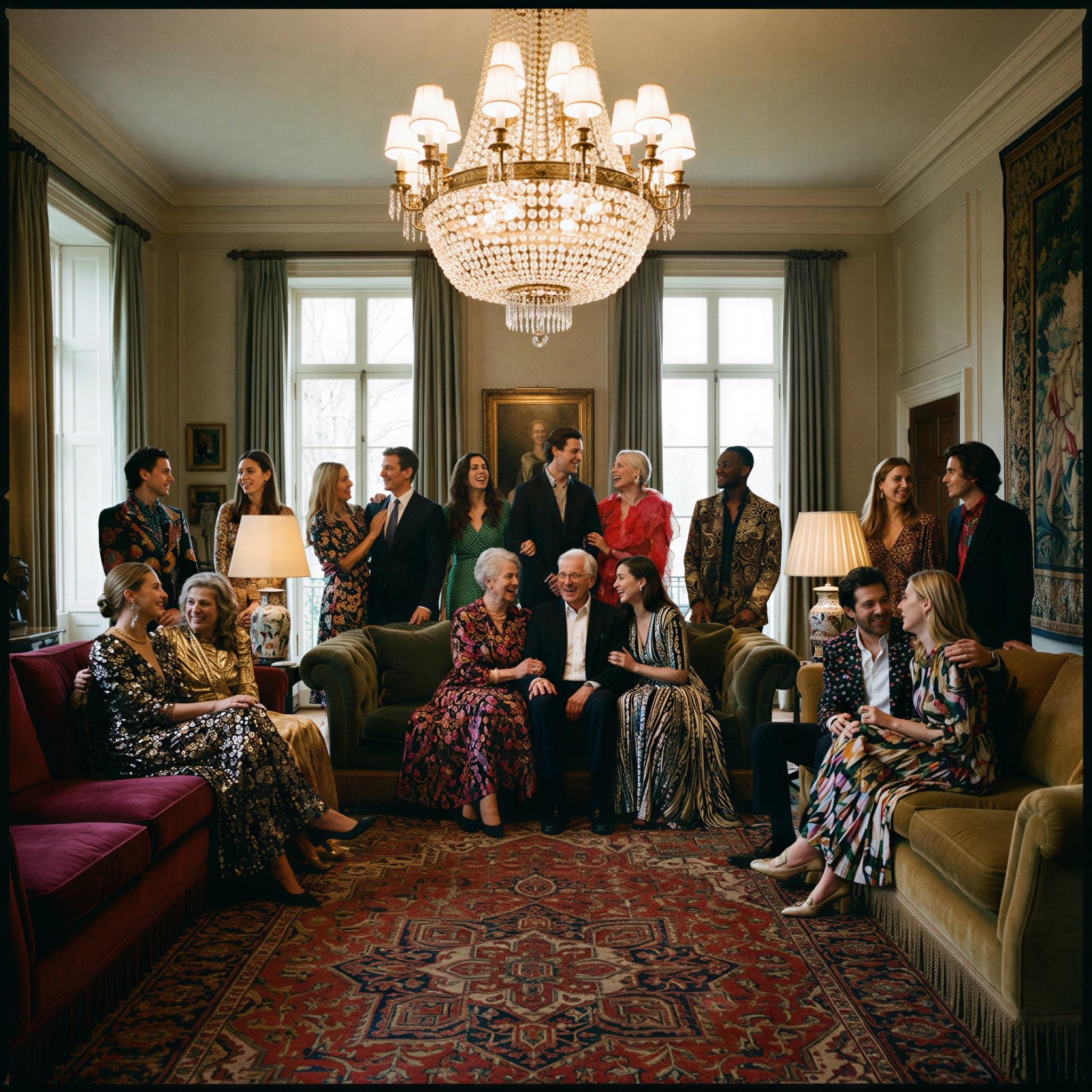 Vogue editorial style, large extended family group gathered in an elegant living room, dramatic overhead chandelier light mixed with soft window light, joyful and connected atmosphere, low angle wide shot capturing depth, rich textures in furniture, magazine quality editorial photography