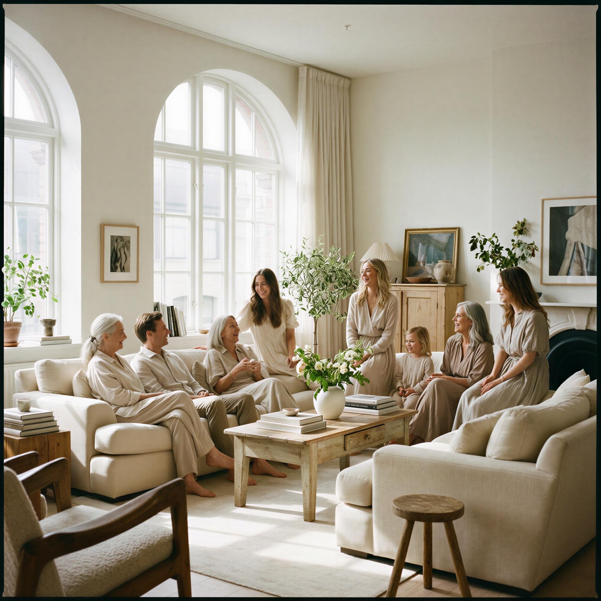 Vogue editorial style group photography, airy modern living room, soft directional window light creating gentle shadows, multi-generational group casually interacting, atmosphere of joyful connection and shared history, wide-angle composition, fine art quality, elegant candid moments