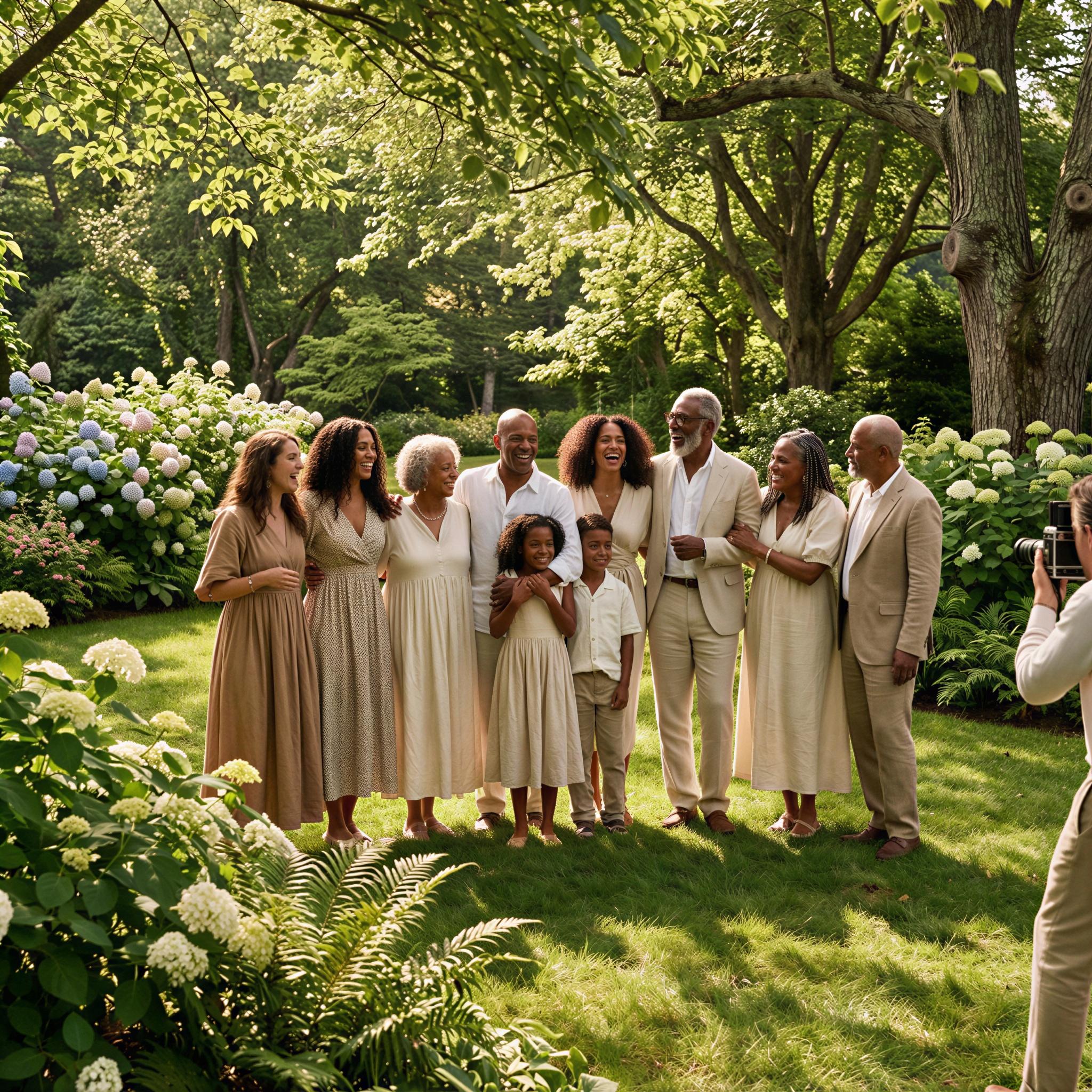 Vogue editorial style photography, lush outdoor garden setting, dappled sunlight filtering through leaves, large family group spread across manicured lawn, joyful candid interaction, elegant relaxed posing, vibrant greens and floral textures, high-resolution editorial quality