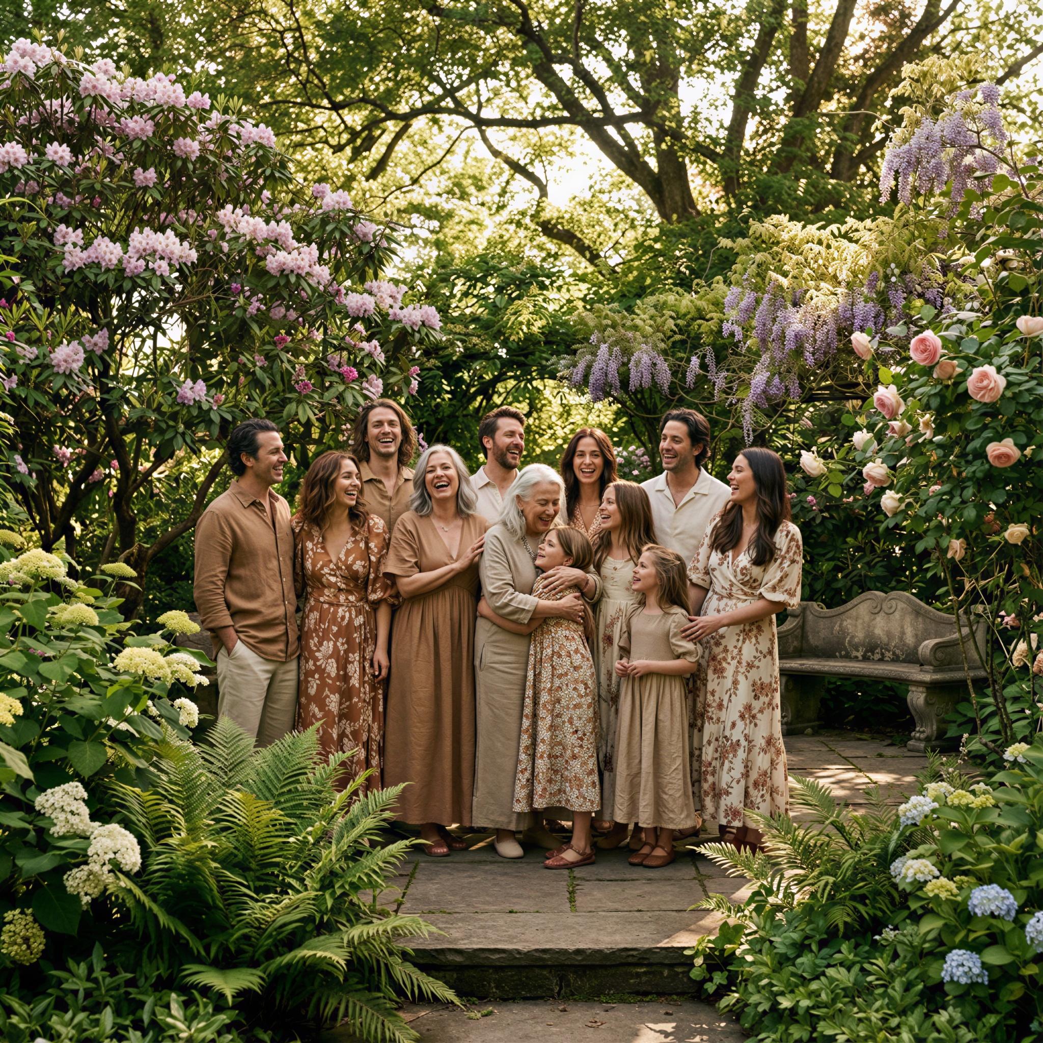 Vogue editorial style, lush garden setting with blooming flowers, dappled sunlight filtering through leaves, large family group laughing candidly, wide-angle composition emphasizing vibrant greenery, joyful and relaxed mood, high-resolution cinematic quality, elegant outdoor portrait