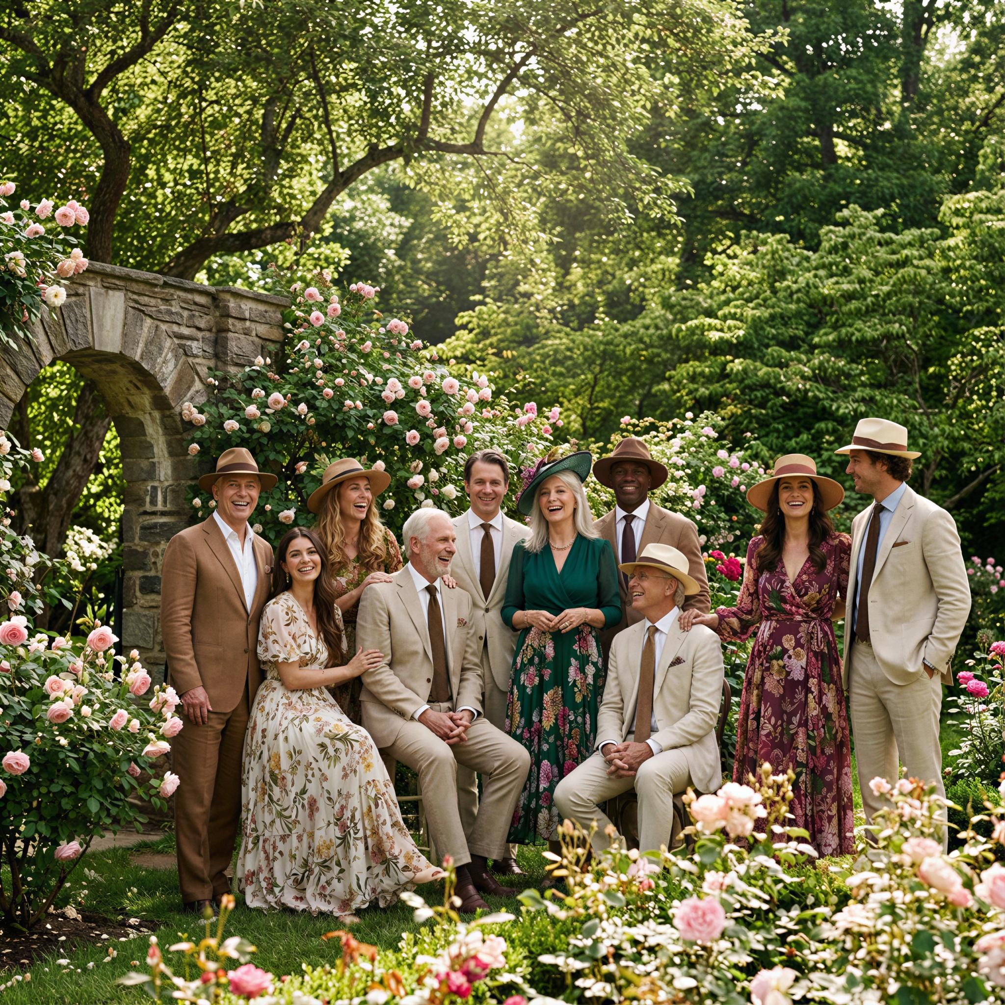 Vogue editorial style group photography, lush vibrant garden setting, dappled sunlight filtering through leaves, large family group posed near blooming roses, joyful elegant expressions, sophisticated garden party attire, deep focus depth of field, high-resolution editorial shot