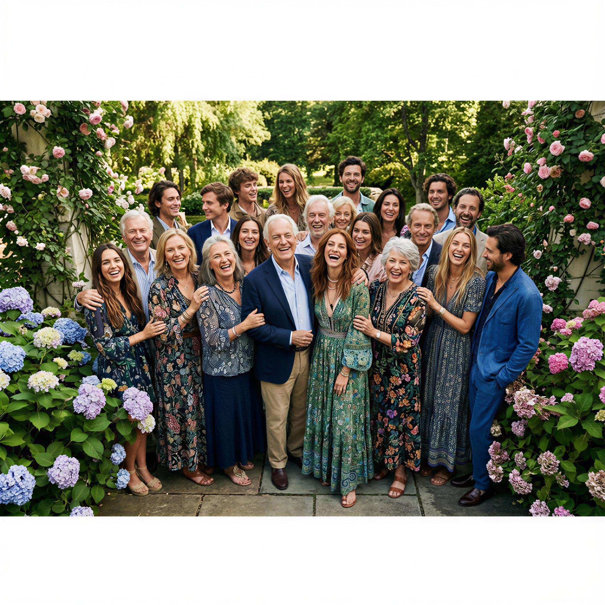 Vogue editorial style outdoor photography, lush vibrant garden setting, bright diffused mid-day natural light, large extended family group candidly laughing, feeling of joyful connection, high-angle wide shot composition, impeccable sharpness and color grading, magazine quality