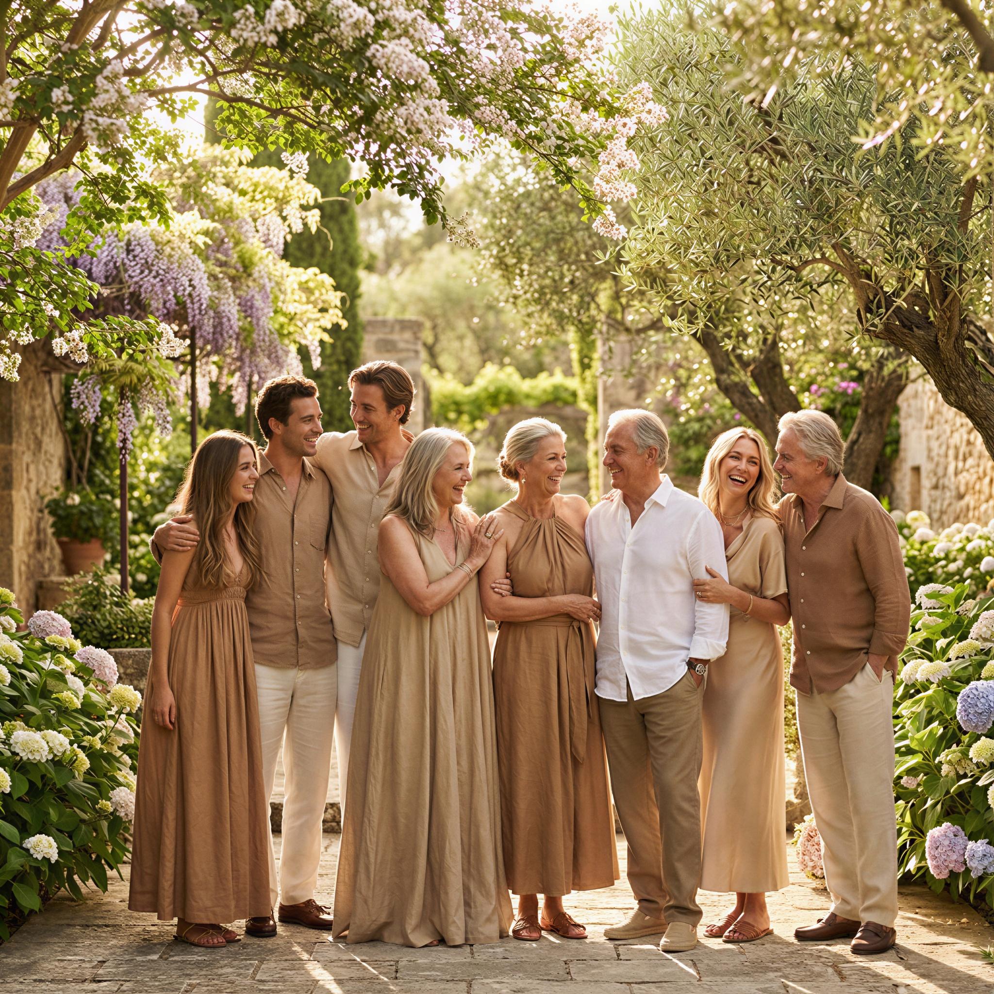 Vogue editorial style, vibrant sun-drenched garden setting, dappled sunlight filtering through leaves, joyful large family group embracing casually, elegant summer attire, high-fashion outdoor photography, depth of field, mood of carefree happiness