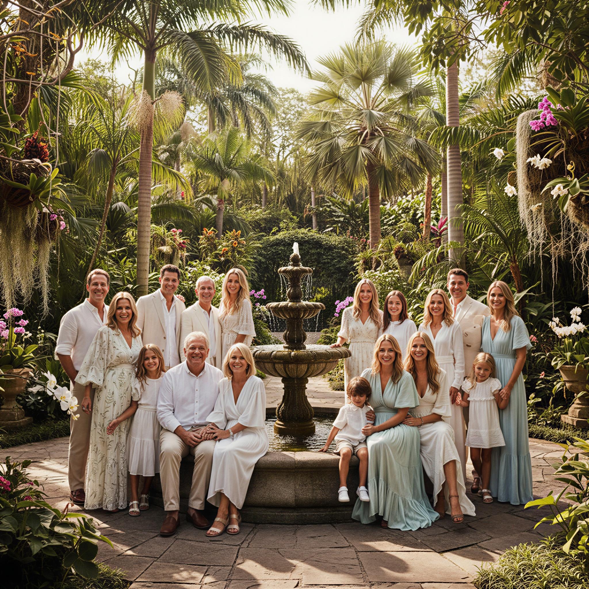 Vogue editorial style, bright afternoon in a lush botanical garden, dappled sunlight filtering through leaves, large family group posed elegantly near aged stone fountain, joyful, relaxed atmosphere, wide-angle composition emphasizing setting, high-resolution professional photography