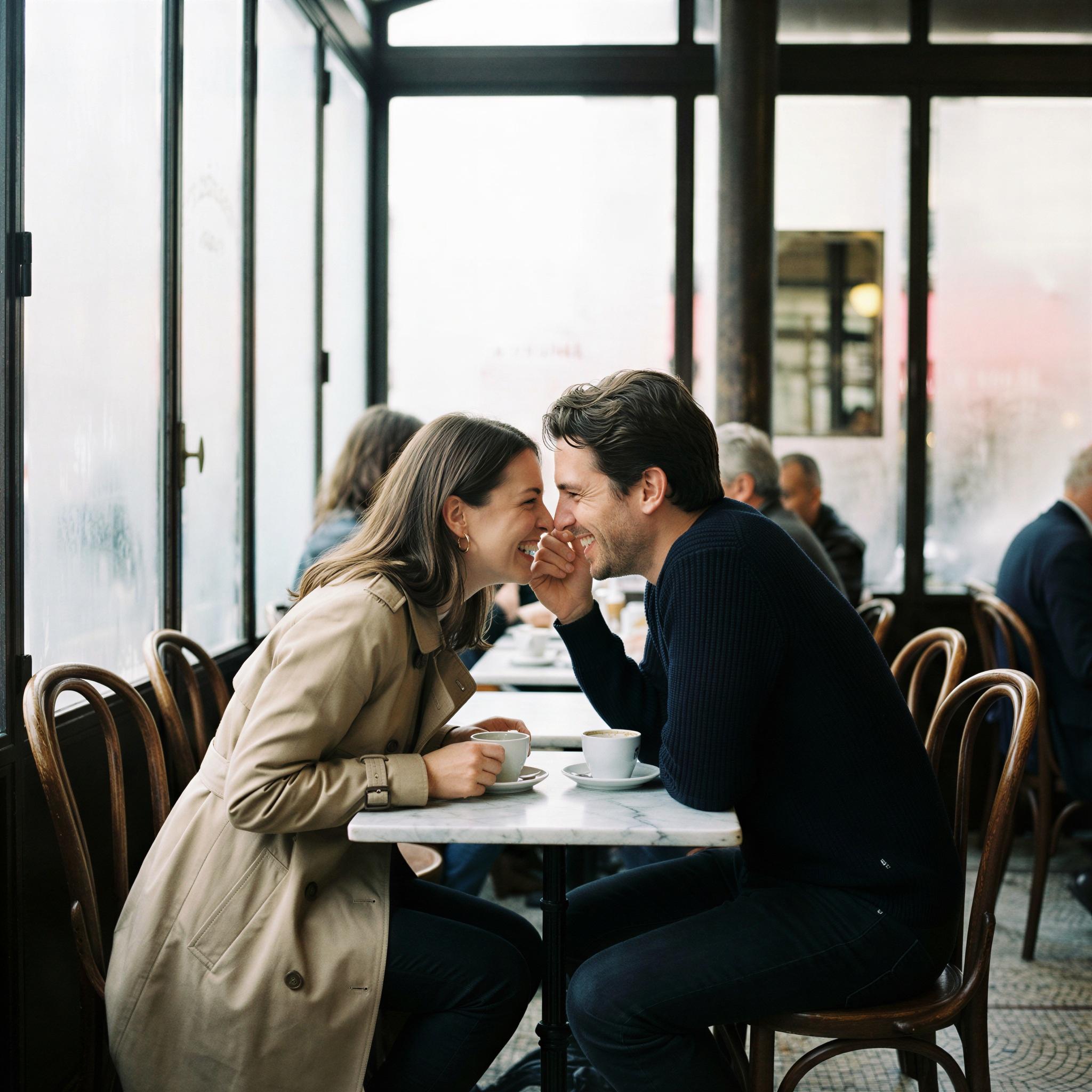 Vogue editorial style photography, bustling European cafe atmosphere, soft diffused window light highlighting interaction, two subjects leaning close sharing a moment, intimate joyful expressions, focus on connection and shared experience, sharp focus, elegant lifestyle photography