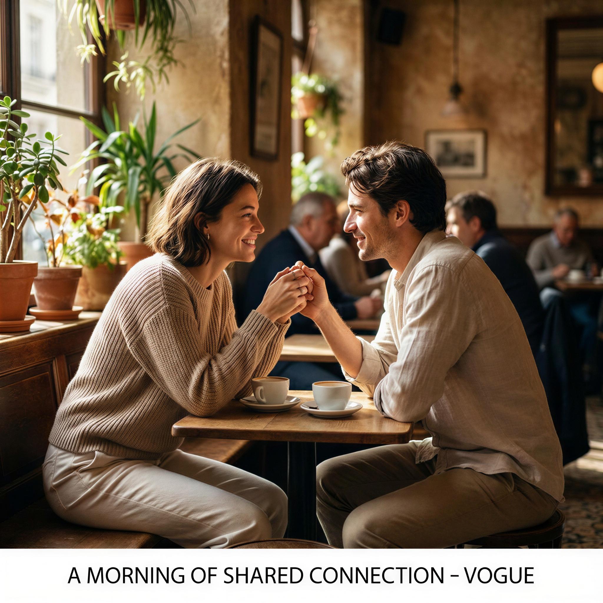 Vogue editorial style photography, intimate cafe setting, dappled morning sunlight filtering through window, two individuals sharing a quiet moment, coffee cups visible, elegant casual wear, soft focus background, mood of shared connection and joy, high-resolution editorial capture