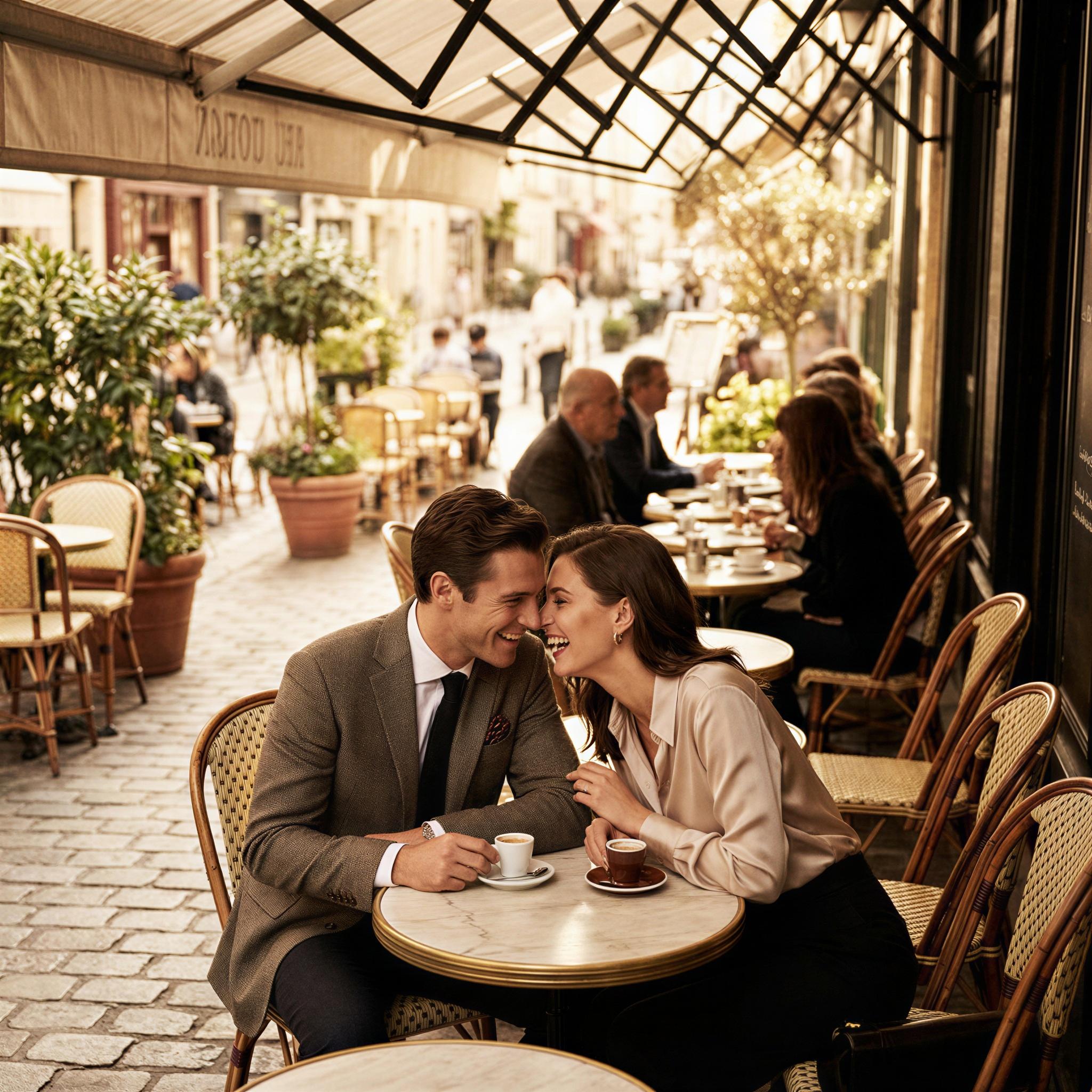 Vogue editorial style photography, bustling European cafe setting, dappled sunlight filtering through awning, two figures sharing coffee intimately, joyful and engaged expressions, shallow depth of field, sophisticated atmosphere, high fashion candid portraiture