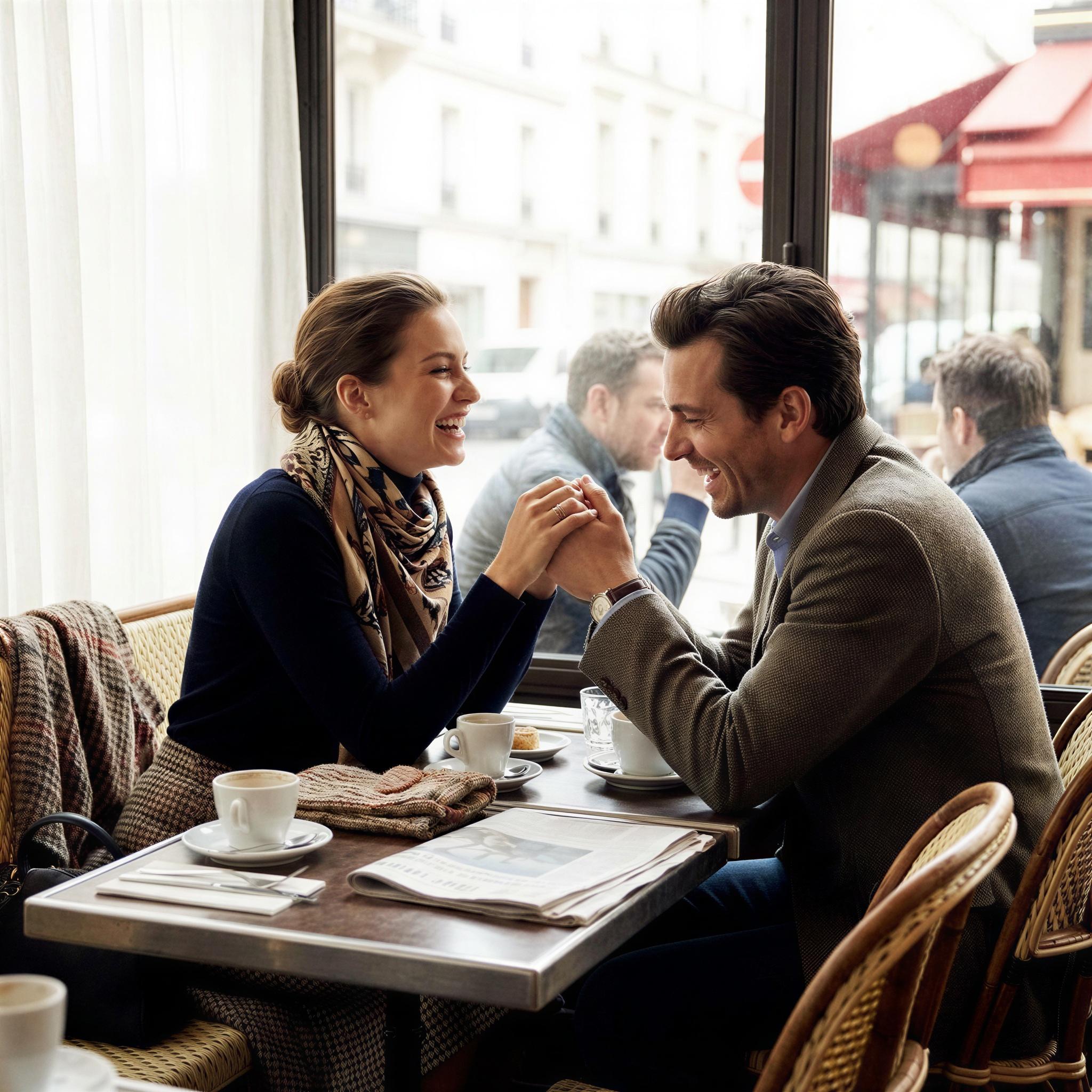 Vogue editorial style photography, bustling European cafe setting, soft diffused window light creating subtle shadows, two individuals sharing an intimate moment over coffee, joyful and relaxed atmosphere, close-up composition, vibrant texture detail, magazine quality candid shot, connection and ease