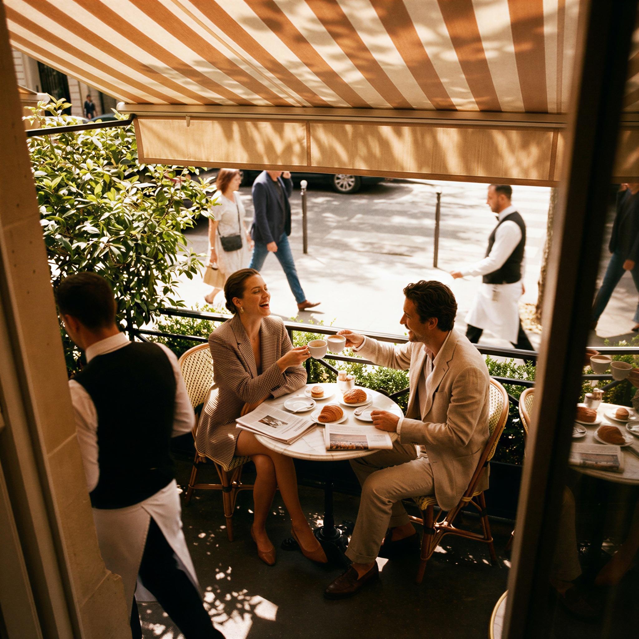 Vogue editorial style photography, bustling sunlit Parisian cafe setting, dappled light through awning, two figures seated intimately at small marble table, joyful connection, candid overhead angle, rich warm color grading, high fashion lifestyle photography
