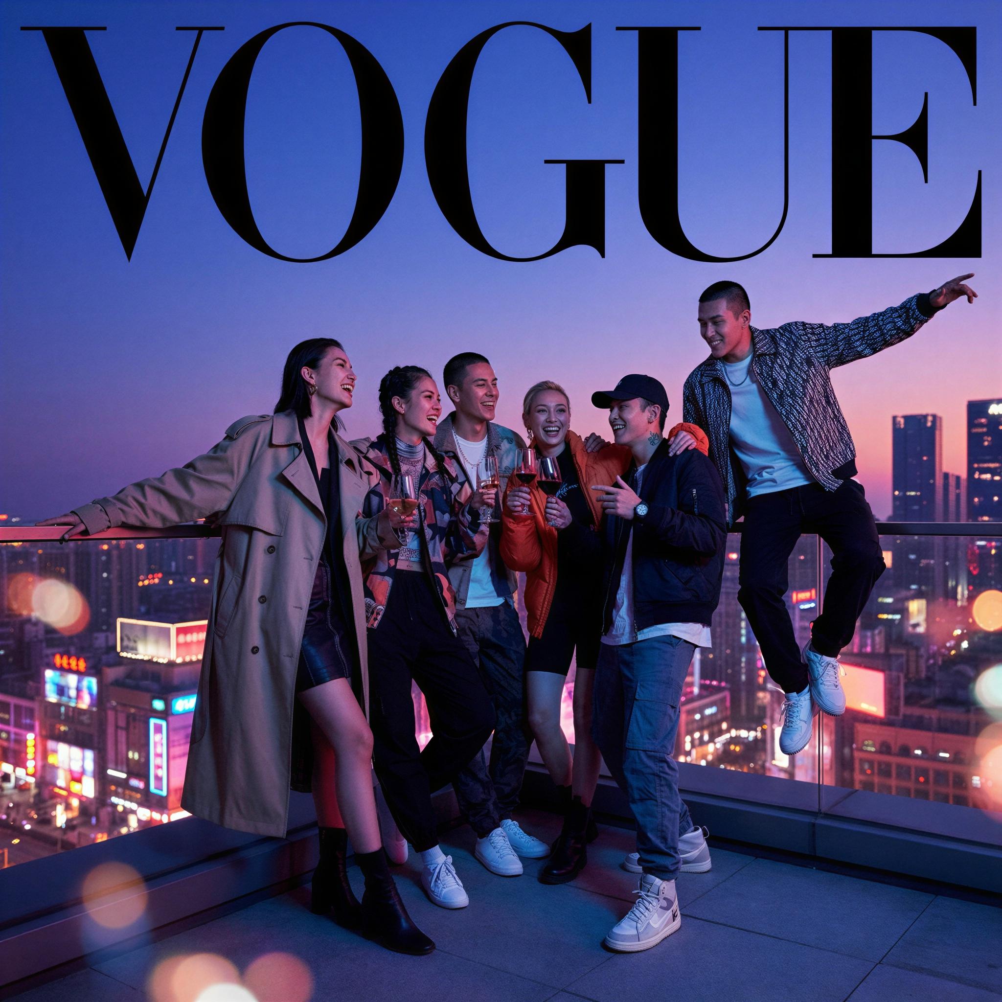 Vogue editorial style, group of friends celebrating atop a skyscraper overlooking neon city at twilight, dramatic cool ambient light mixed with artificial city glow, confident dynamic posing, high-fashion streetwear, shallow depth of field, professional editorial fashion photography