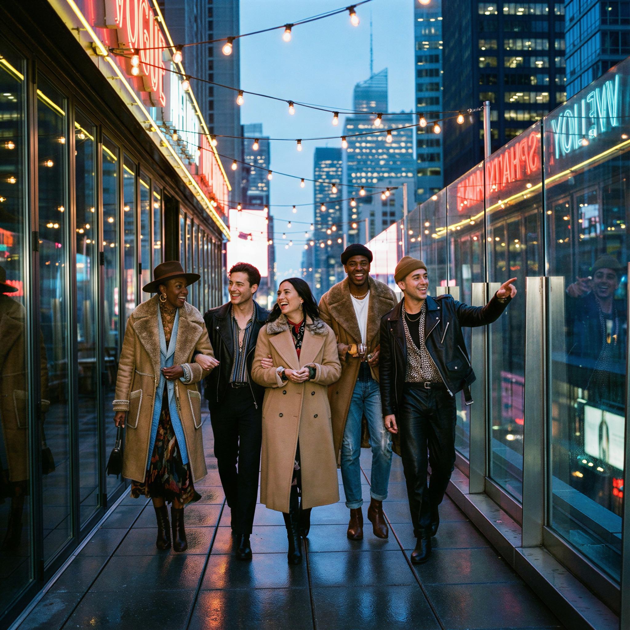 Vogue editorial style, dynamic urban rooftop setting at twilight, cool blue ambient light contrasting with city neon reflections, stylish group of friends laughing confidently, wide-angle composition, capturing adventurous energy, high-resolution cinematic quality photograph