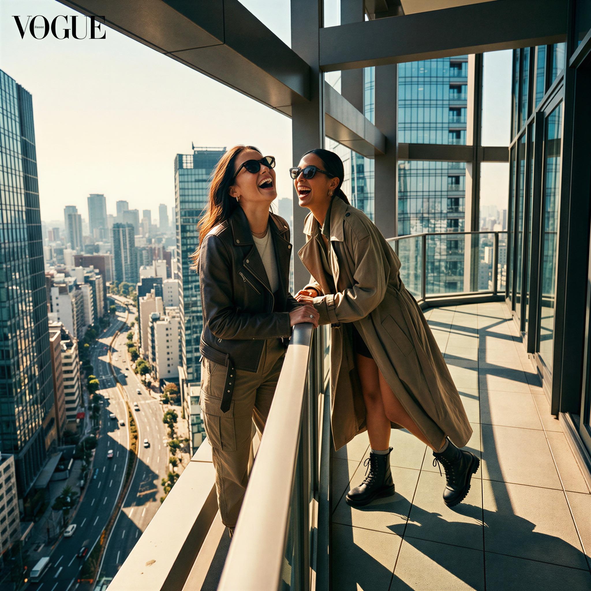 Vogue editorial style group photography, high vantage point cityscape backdrop, dramatic midday sunlight creating sharp shadows, two figures laughing candidly, dynamic urban framing, confident and adventurous mood, cinematic color grading, high-resolution editorial quality