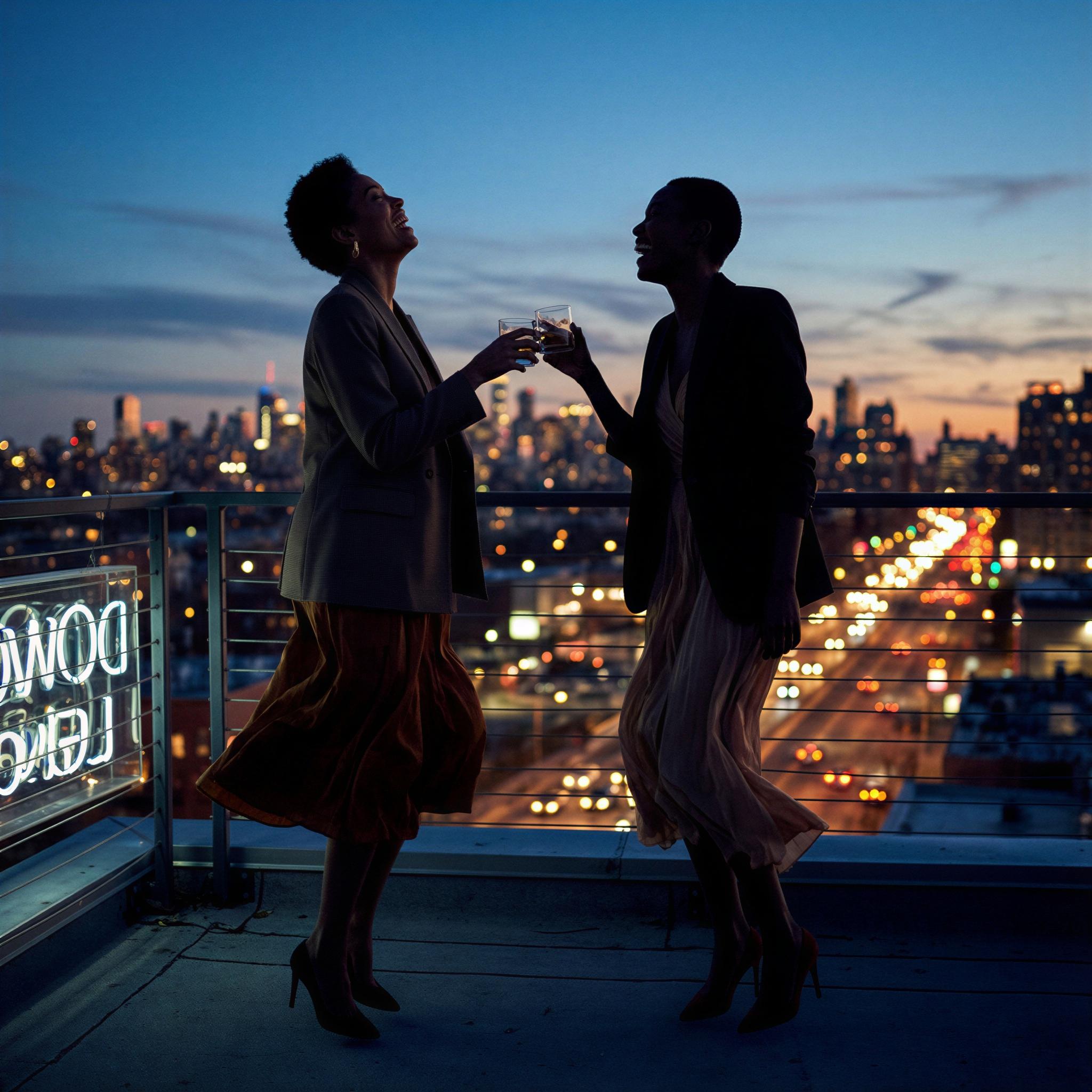 Vogue editorial style, dynamic urban rooftop setting at twilight, dramatic city lights bokeh, two figures mid-laugh sharing a moment, confident and joyful mood, wide-angle composition capturing energy, high contrast, sharp focus, editorial photography standard