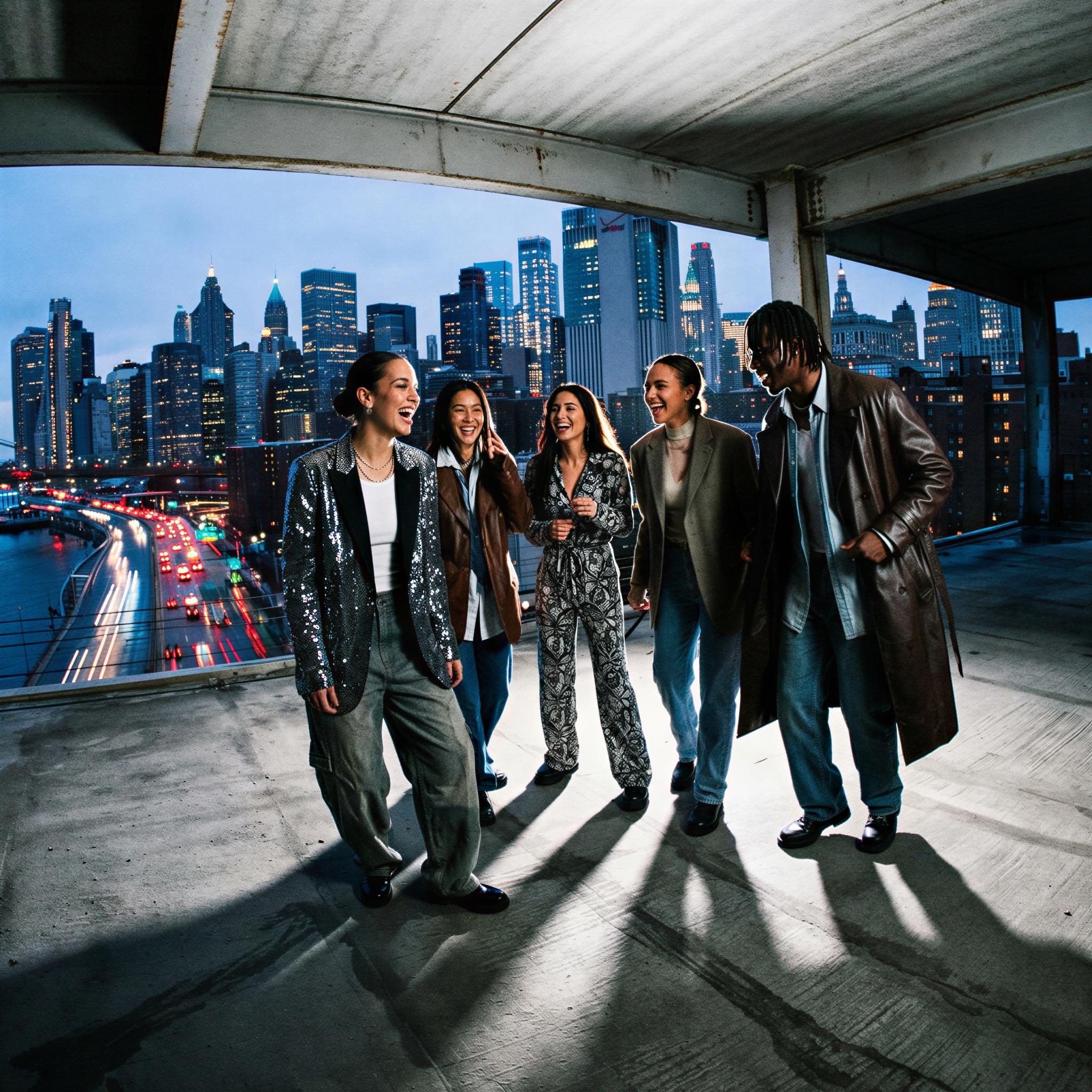 Vogue editorial style photography, urban rooftop at twilight, dramatic city lights creating dynamic shadows, group of friends laughing confidently, wide-angle composition, high-contrast, fashion-forward street wear, sophisticated energetic mood, high-resolution editorial quality
