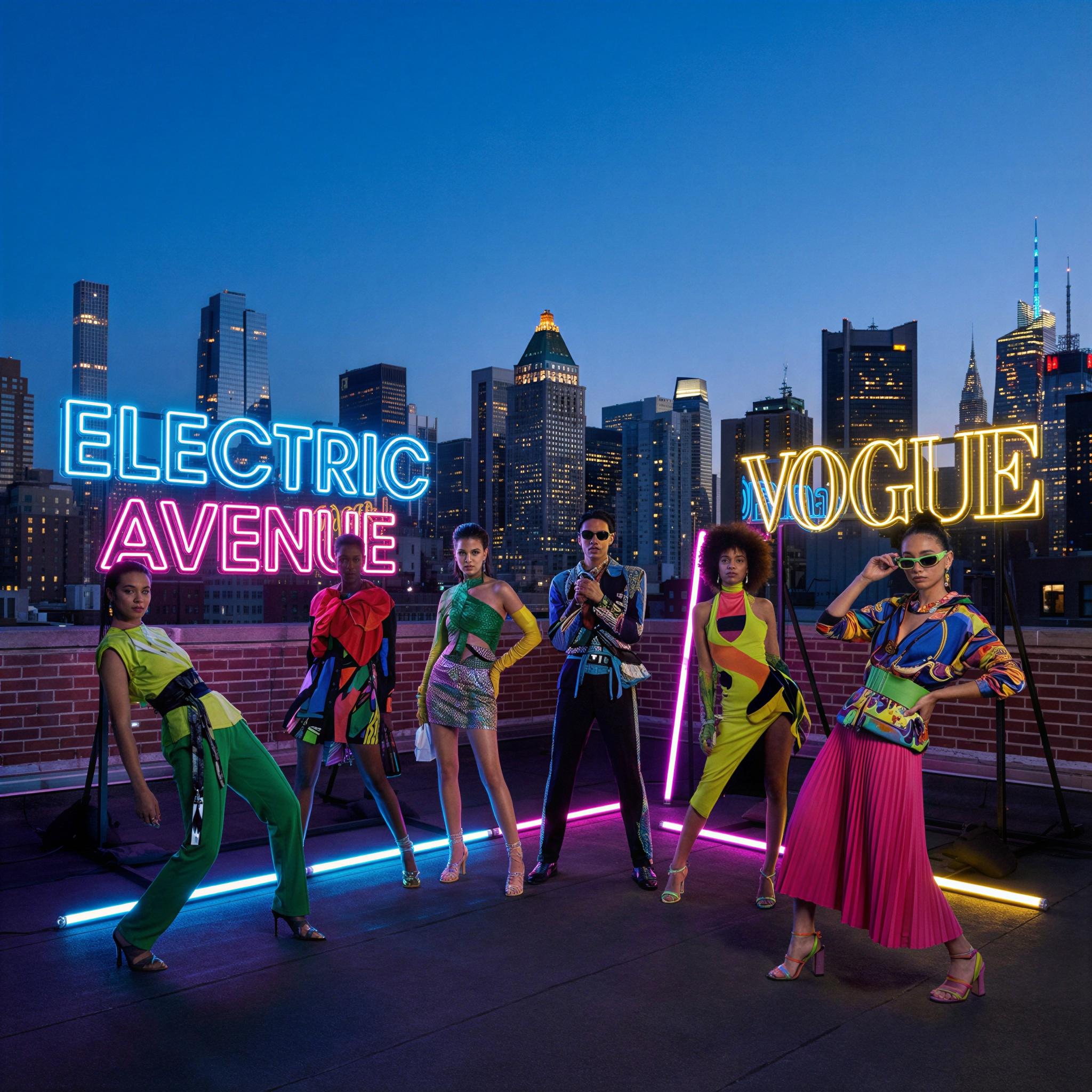 Vogue editorial style photography, vibrant city rooftop at twilight, dramatic neon lighting contrasting with deep blue sky, group standing confident and dynamic, high fashion posing, wide angle street photography composition, sharp focus, high resolution editorial shot