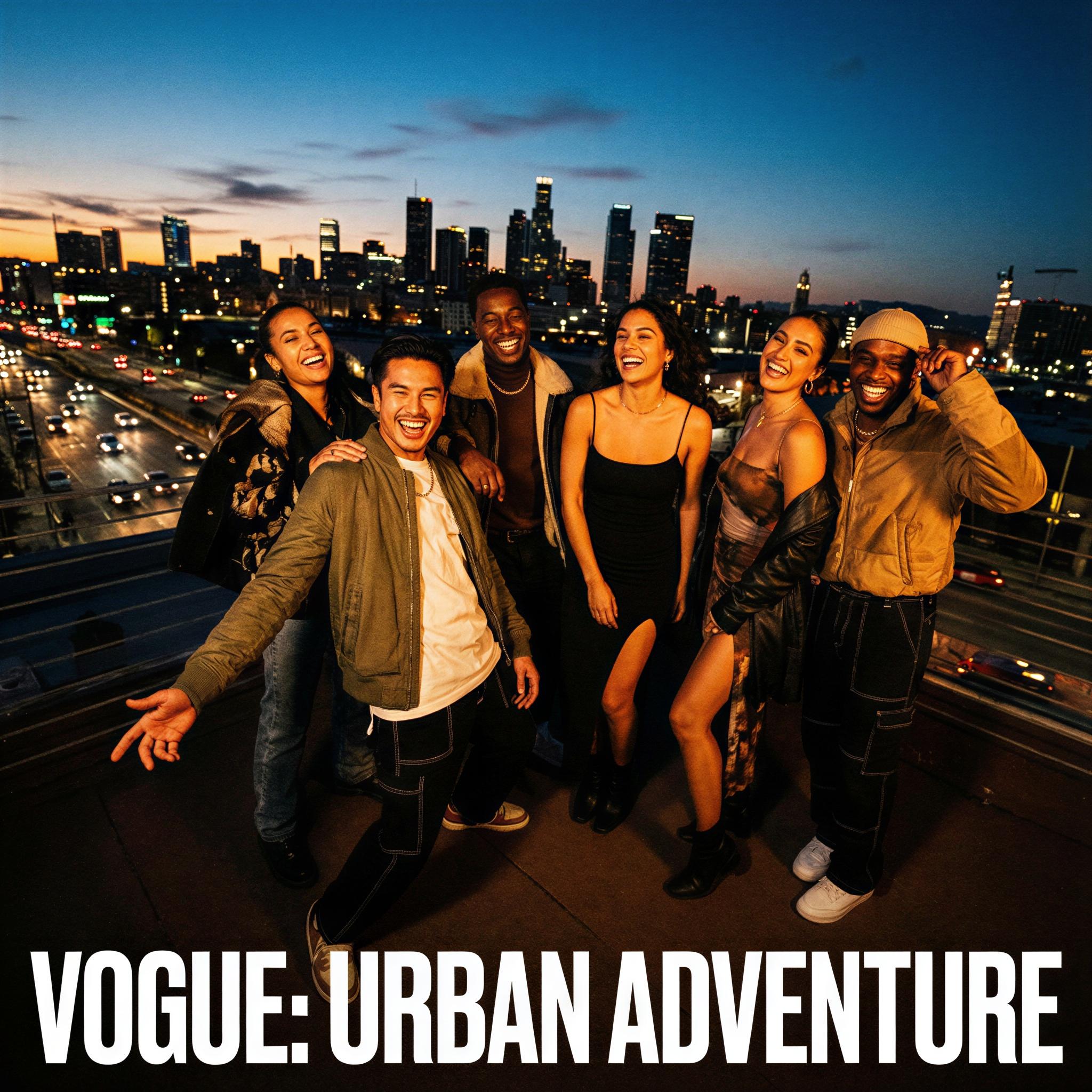 Vogue editorial style photography, dynamic urban rooftop setting at twilight, dramatic city lights bokeh, group of friends laughing joyfully, confident and energetic posing, wide-angle composition, high-contrast dramatic shadows, sharp focus, magazine quality adventure shot
