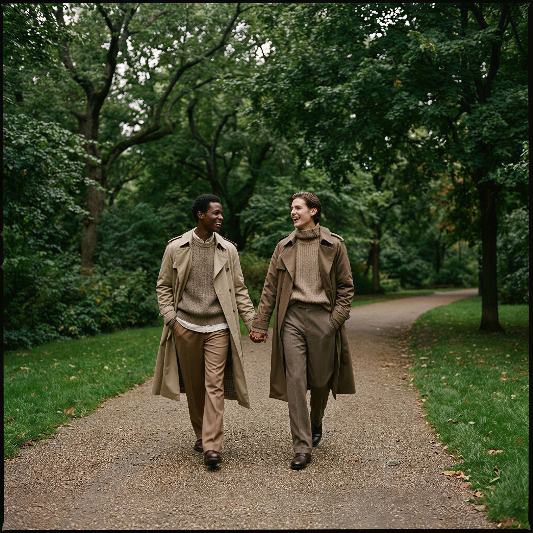 Vogue editorial style photography, lush park setting during overcast day, soft diffused natural light creating even tones, two figures walking side-by-side holding hands, lighthearted joyful mood, full body composition, high-resolution cinematic quality, elegant casual fashion