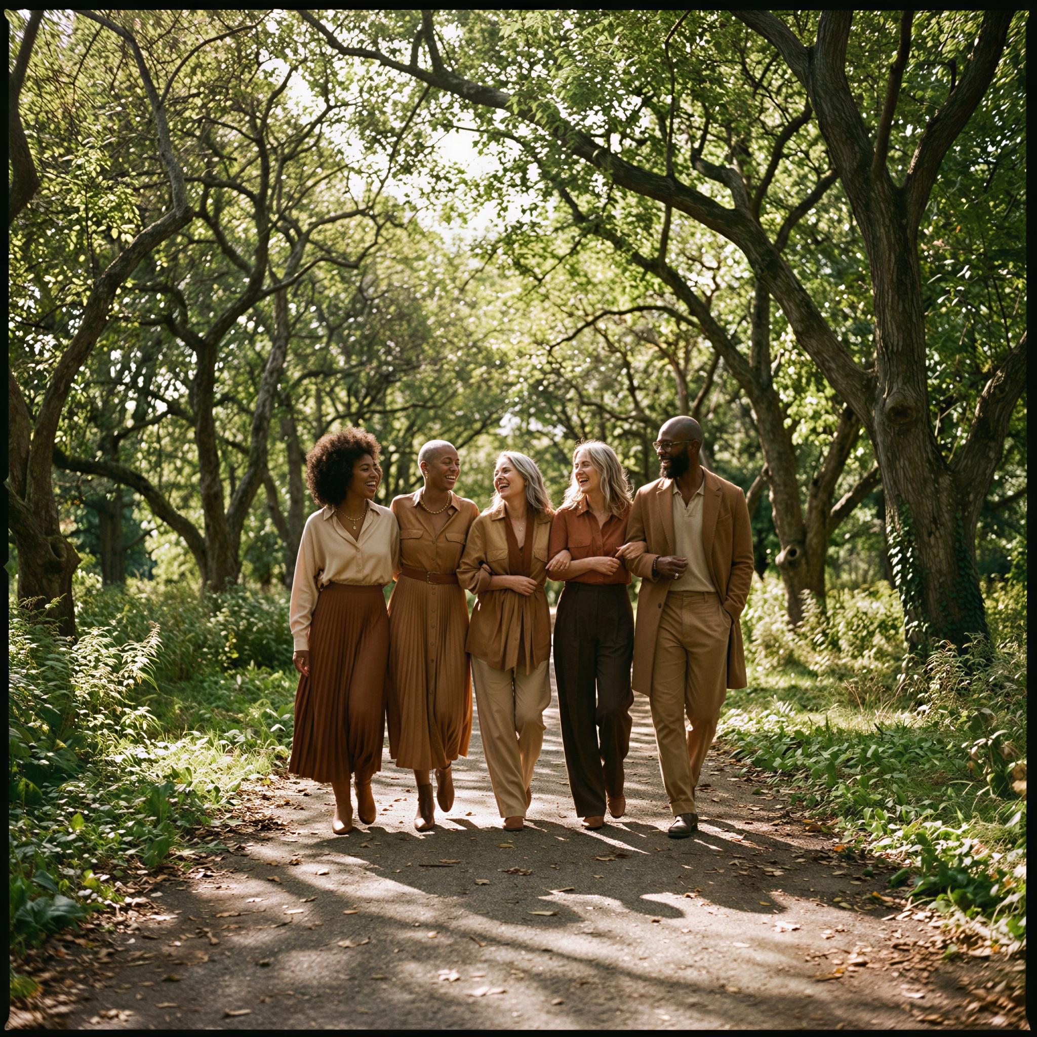 Vogue editorial style photography, lush green park setting, dappled sunlight filtering through trees, group walking closely, genuine joyful expressions, natural movement captured, wide-angle composition, high-resolution editorial quality, capturing shared carefree moment