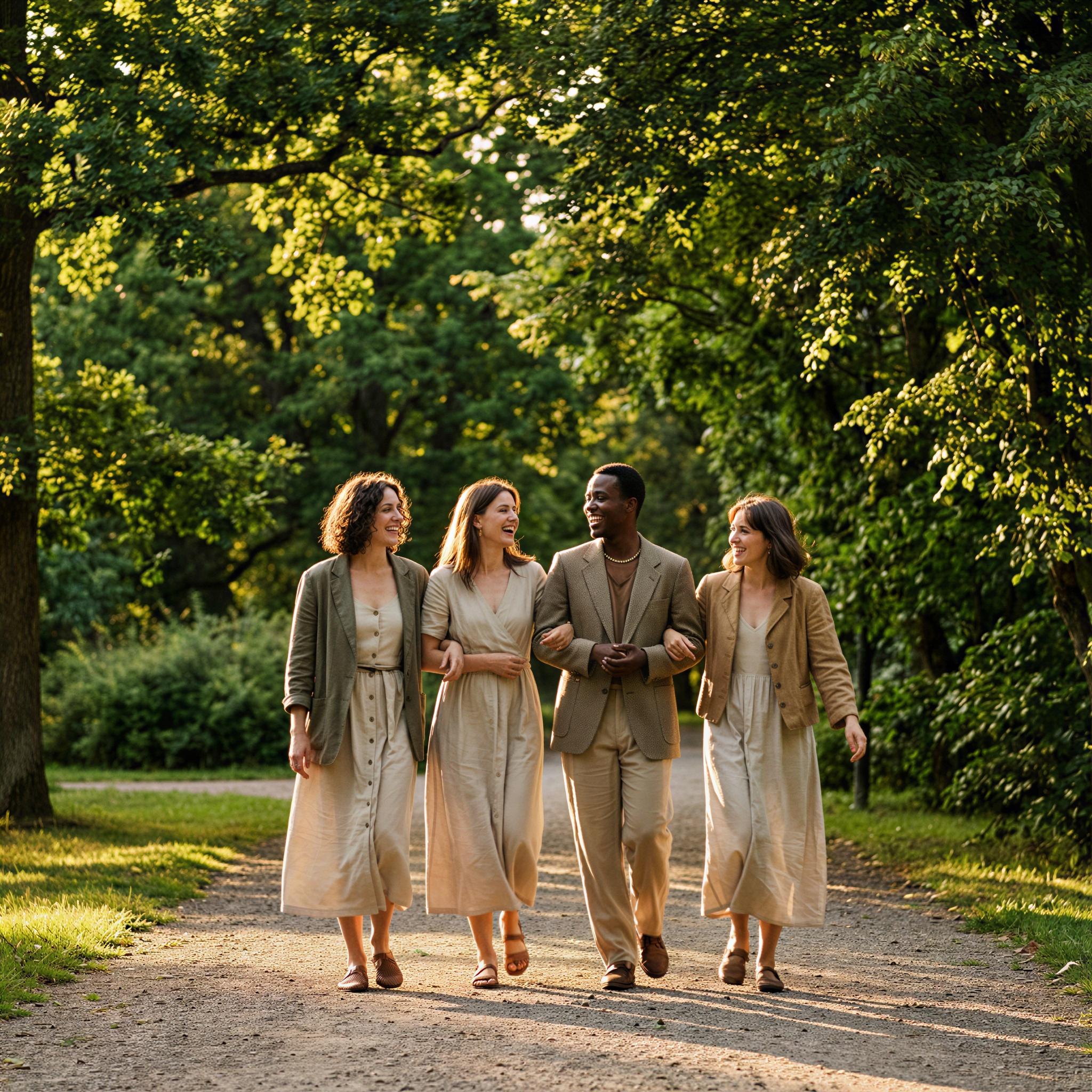 Vogue editorial style photography, sun-dappled park path during afternoon light, group of friends walking side-by-side, joyful and carefree atmosphere, wide-angle composition showing movement, vibrant green foliage background, professional high-resolution candid shot, genuine friendship