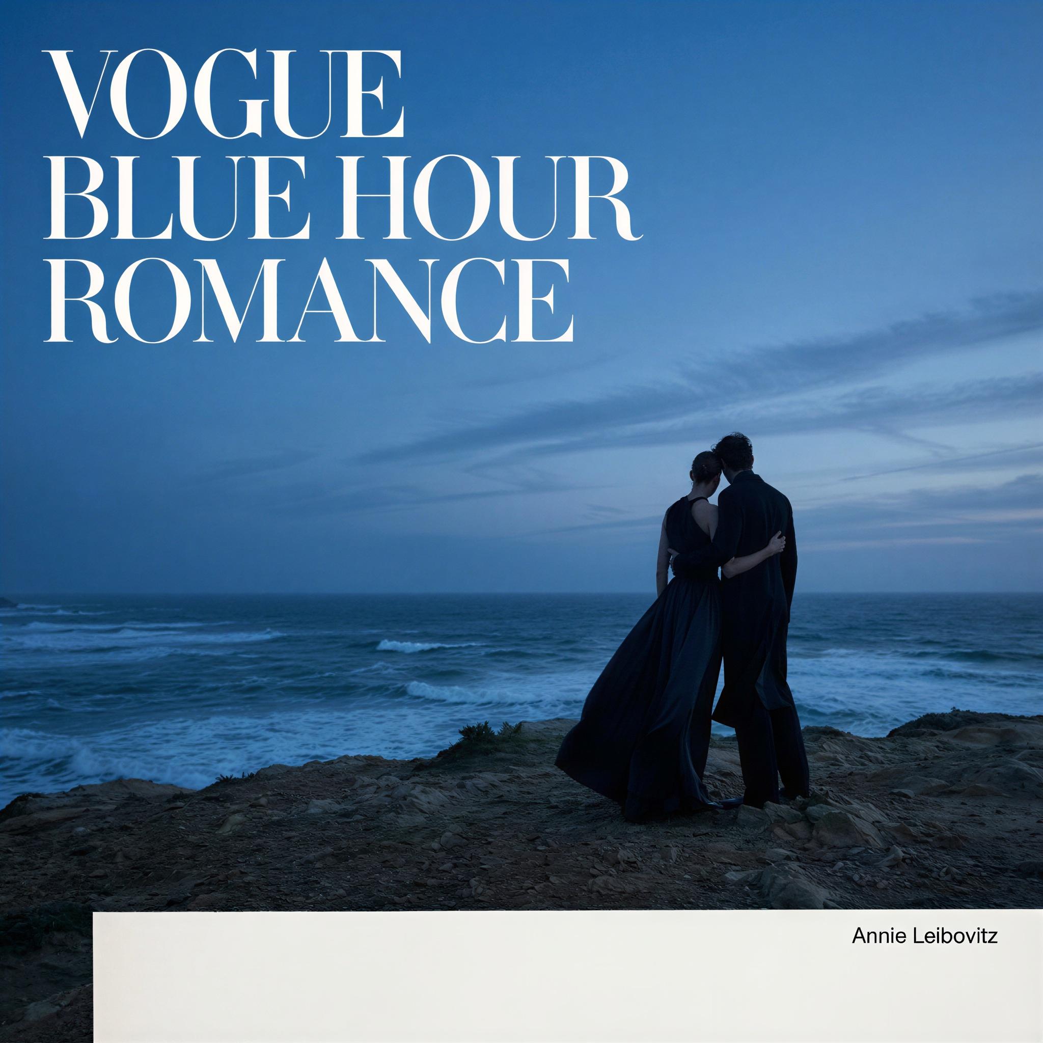 Vogue editorial style couple photography, dramatic seaside cliff at twilight, ethereal blue hour lighting, couple embraced gazing outward, confident and elegant silhouette, wide-angle composition capturing vast sky, high-fashion aesthetic, intense romantic mood