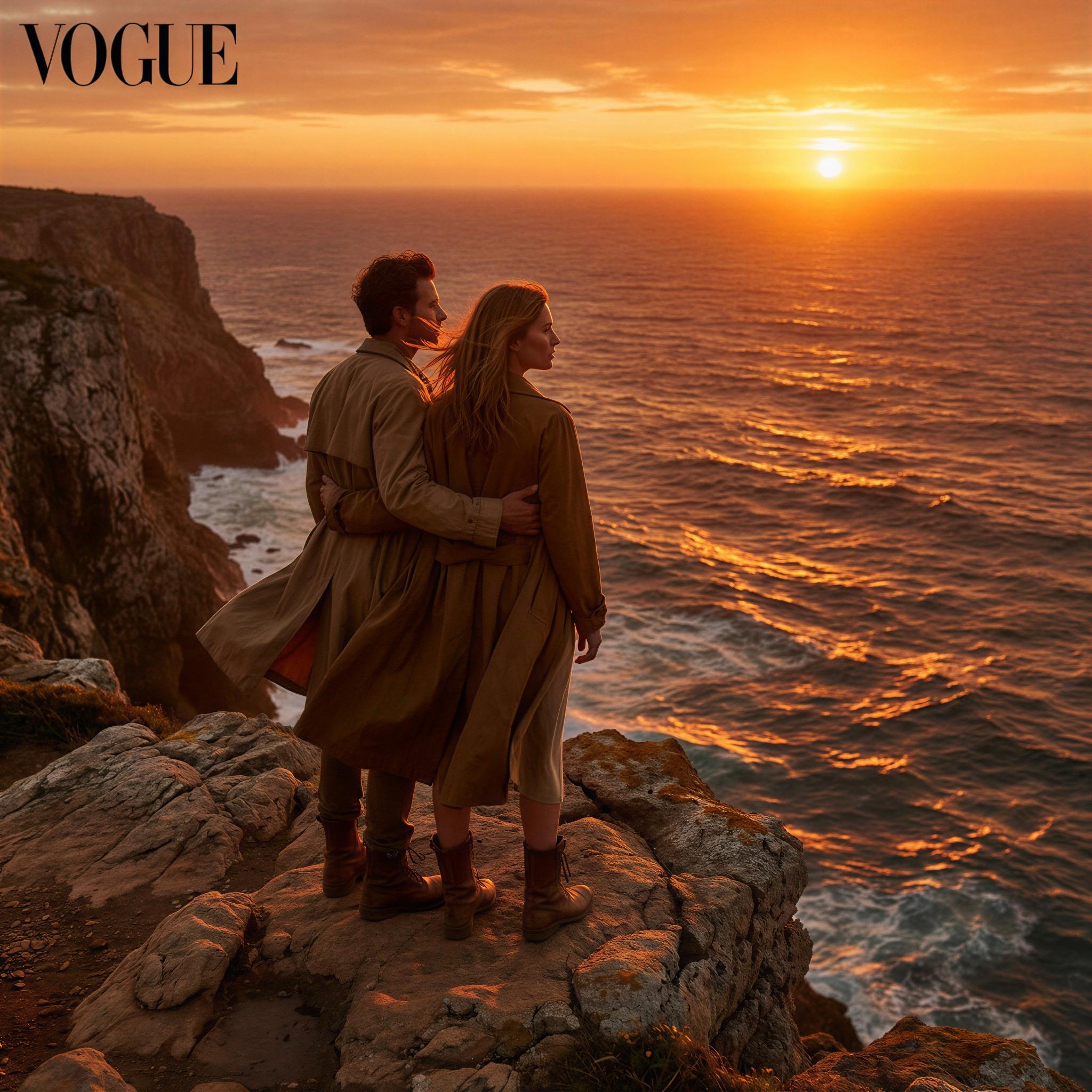 Vogue editorial style photography, two figures embraced on a cliff edge overlooking a vast ocean, dramatic deep orange golden hour lighting, feeling of shared adventure and confident serenity, wide-angle composition, high contrast, sharp focus, cinematic visual