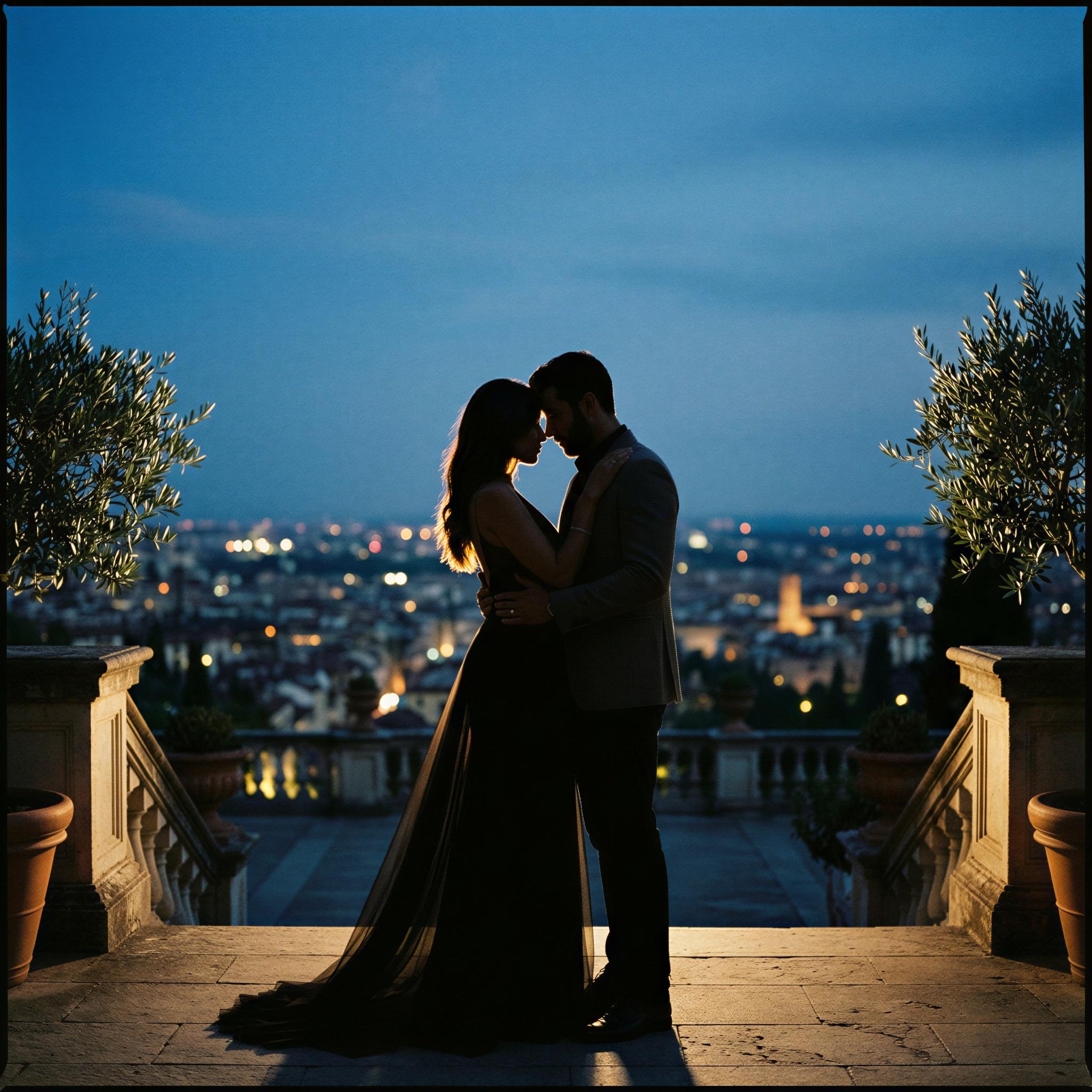 Vogue editorial style photography, intimate couple embracing during twilight on a high terrace overlooking city lights, soft dramatic rim lighting outlines figures, deep shadows contrast elegance, confident mood, wide-angle composition, high fashion editorial quality, capturing deep connection