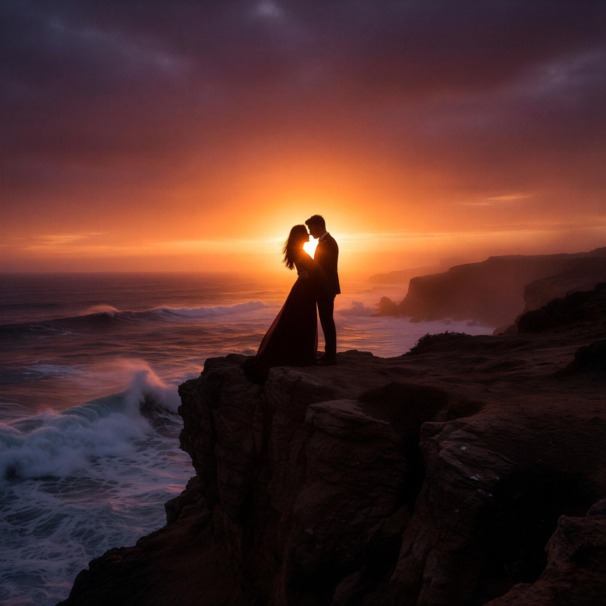 Vogue editorial style, couple photography against an ethereal sunset backdrop, deep warm rim lighting, silhouettes embracing tenderly, high contrast, dramatic ocean waves, elegant and romantic mood, wide-angle composition, fine art photography quality