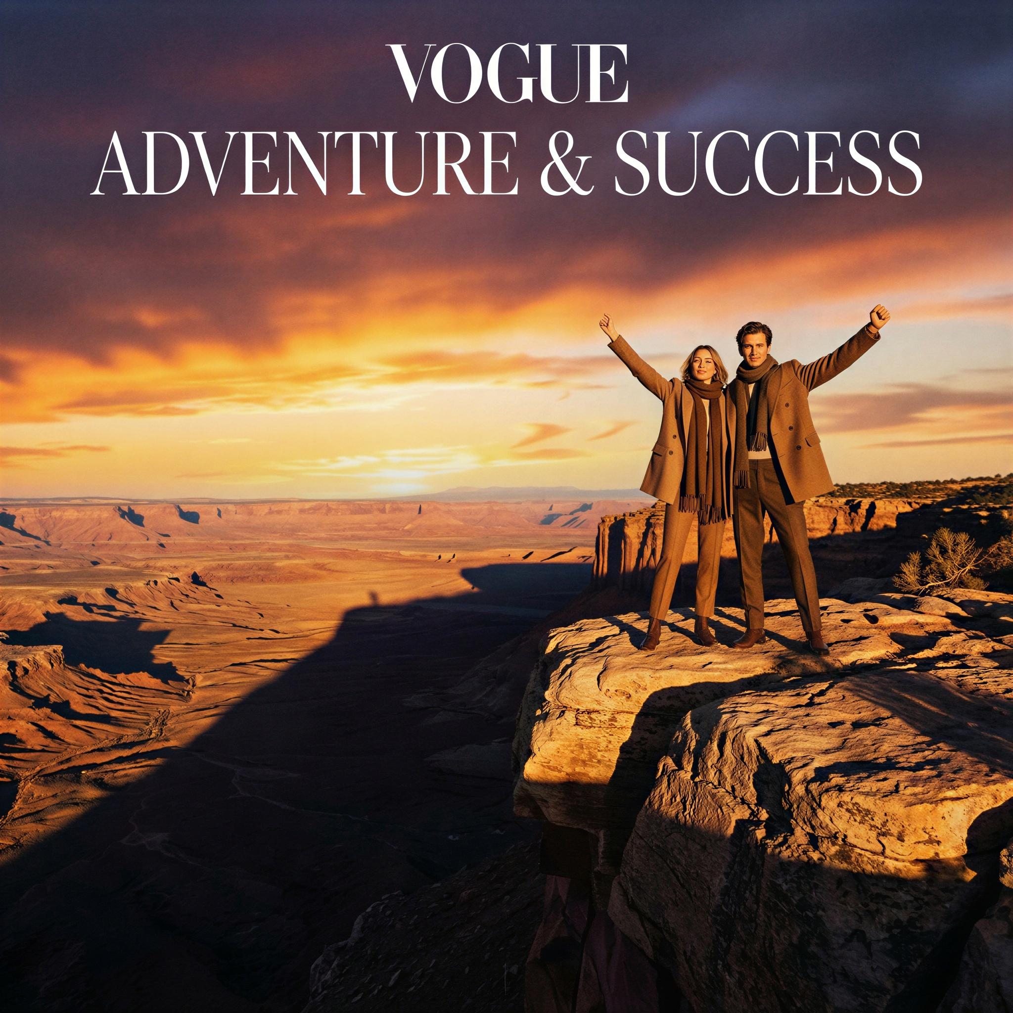 Vogue editorial style, couple celebrating on a cliff edge, dramatic sunset lighting casting long shadows, feeling of shared adventure and success, wide angle shot showing vast landscape, high contrast, cinematic mood, magazine quality landscape portrait