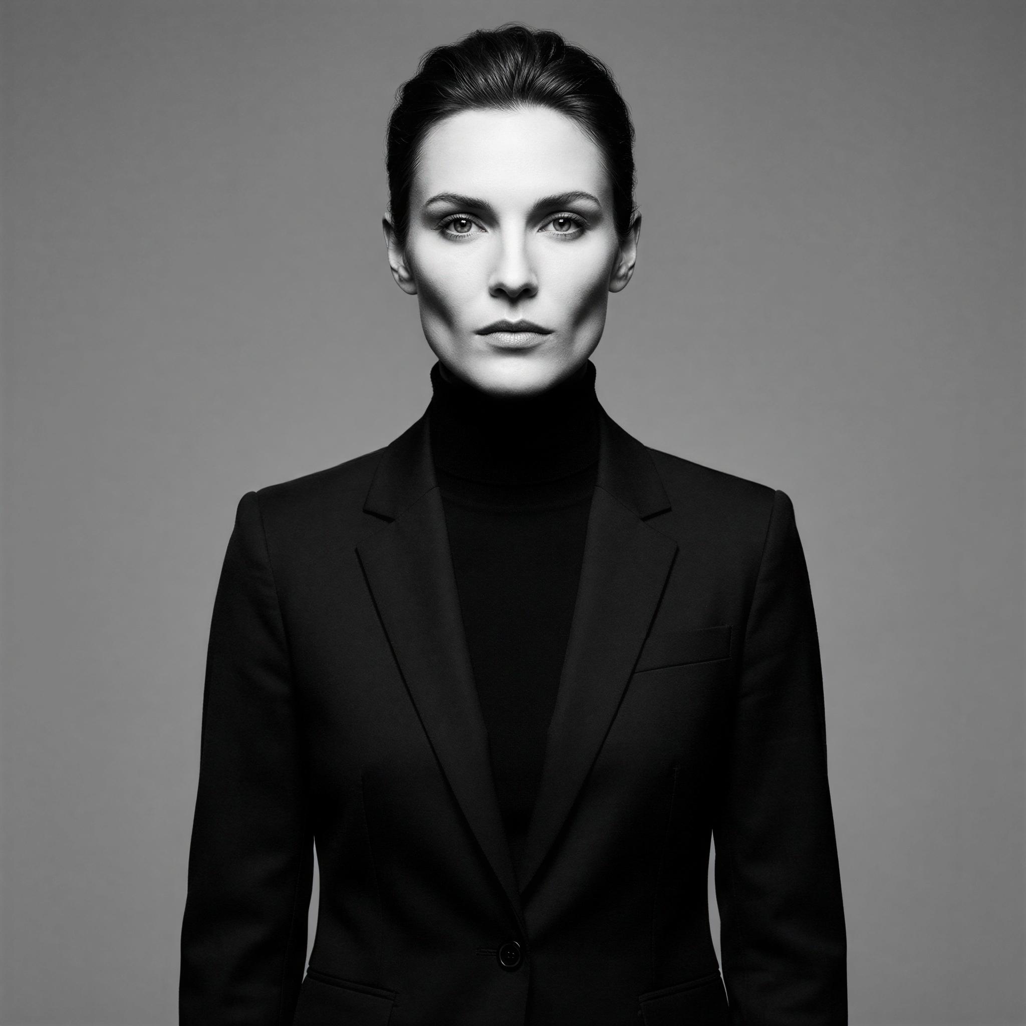 Vogue editorial style studio portrait, crisp, classic butterfly lighting emphasizing facial structure, deep shadows under cheekbones, high contrast black and white medium shot, confident stance, immaculate clean background, high-resolution sharp focus, professional quality monochrome