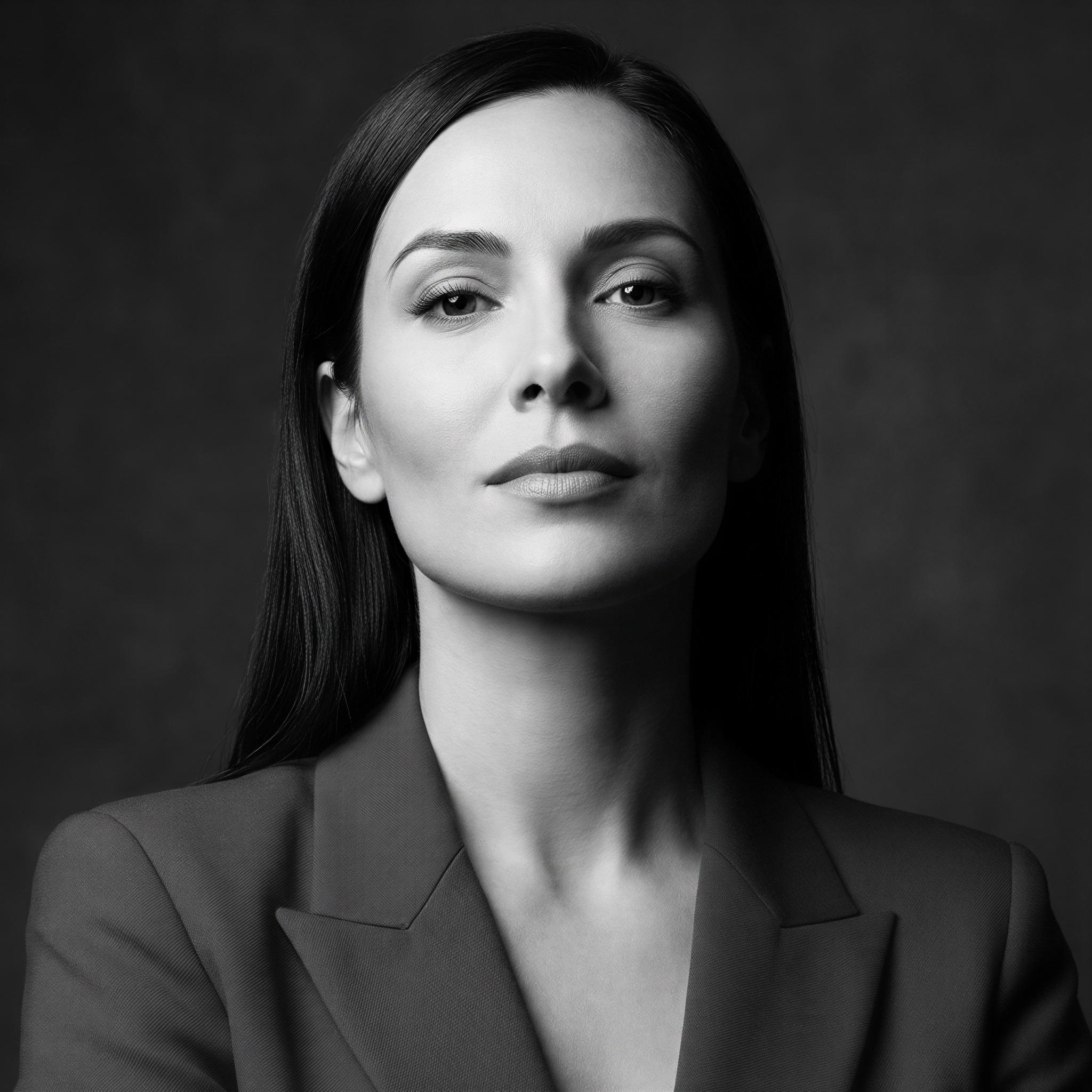 Vogue editorial style, professional studio portrait, classic butterfly lighting emphasizing facial contours, dramatic yet soft illumination, high contrast elegance, looking confidently towards camera, sharp focus, magazine quality editorial photography, refined glamour