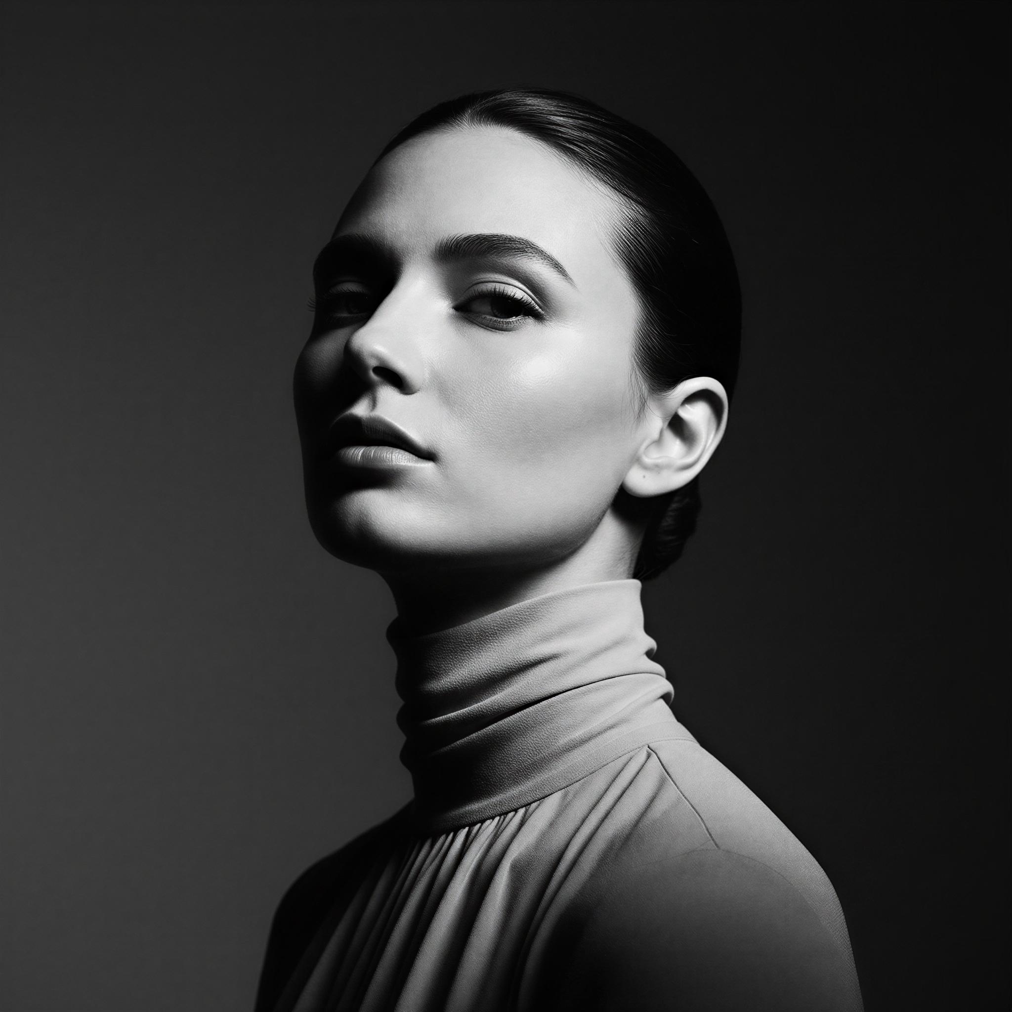 Vogue editorial style, studio portrait with crisp butterfly lighting, dramatic shadows highlighting bone structure, confident and elegant mood, low angle close-up framing, high contrast black and white conversion, sharp focus, cinematic quality portrait