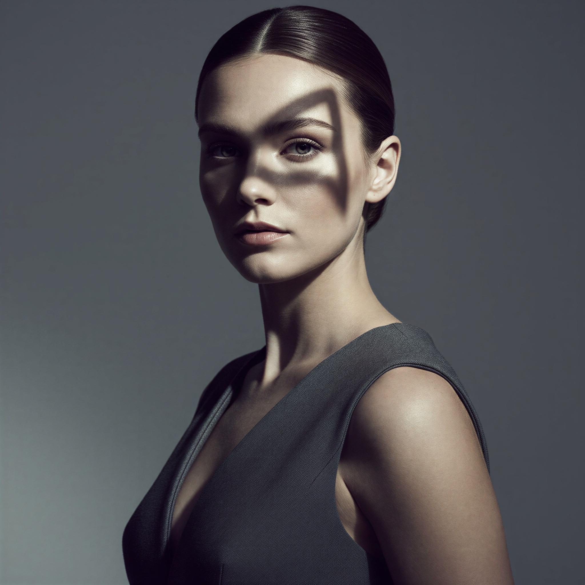 Vogue editorial style solo portrait, intense butterfly lighting creating defined shadow structure, minimalist grey studio background, confident and elegant mood, tight medium close-up framing, high-contrast, sharp focus, capturing refined poise, magazine quality beauty shot