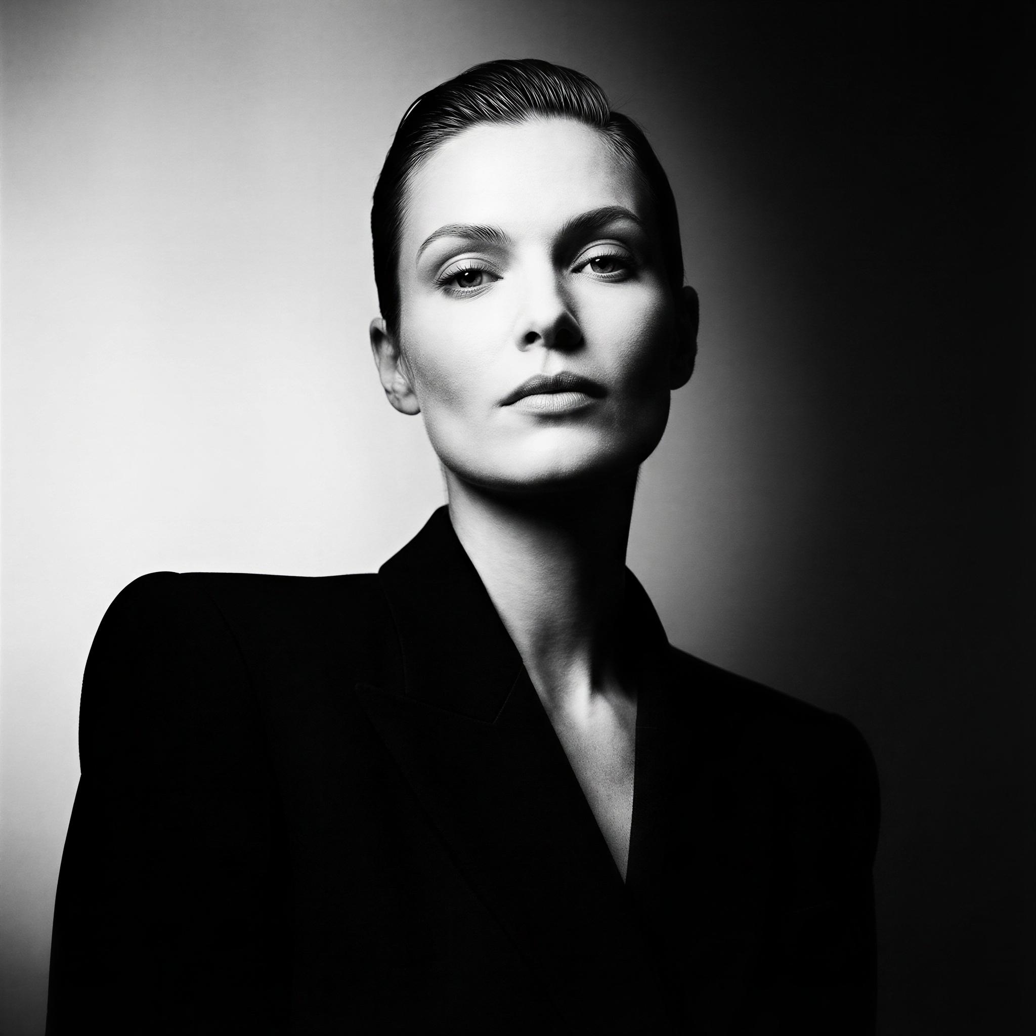 Vogue editorial style solo portrait, dramatic butterfly lighting highlighting facial contours, deep shadows in periphery, high contrast black and white conversion, confident and elegant mood, tight waist-up framing, high-resolution fine art photography