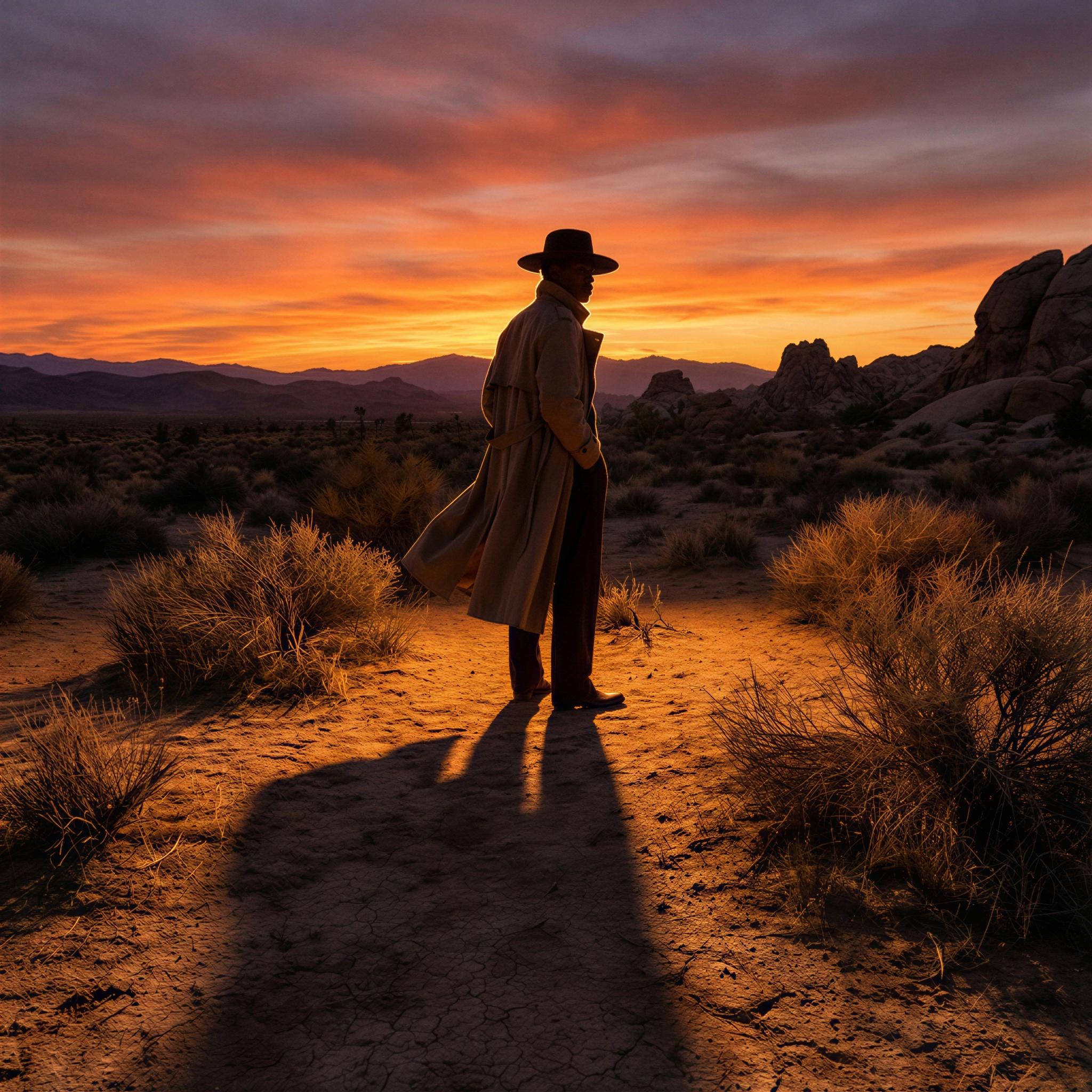 Vogue editorial style portrait photography, single subject silhouetted against dramatic golden hour sky, rim lighting emphasizing edges, long soft shadows stretching across arid landscape, confident and contemplative mood, wide-angle shot, hyper-detailed sharpness, cinematic quality
