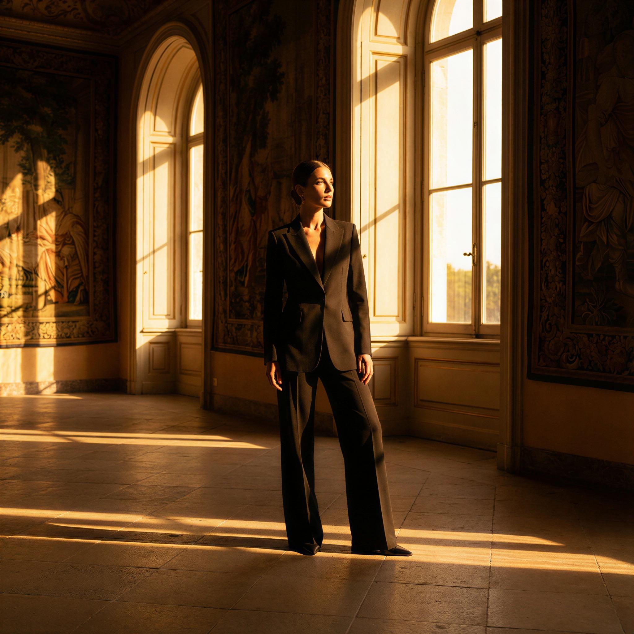 Vogue editorial style solo photography, dramatic golden hour light streaming through tall arched window, confident poised posture, warm ambient tones, strong directional shadows creating depth, high-fashion atmosphere, professional quality editorial portrait, elegant and striking
