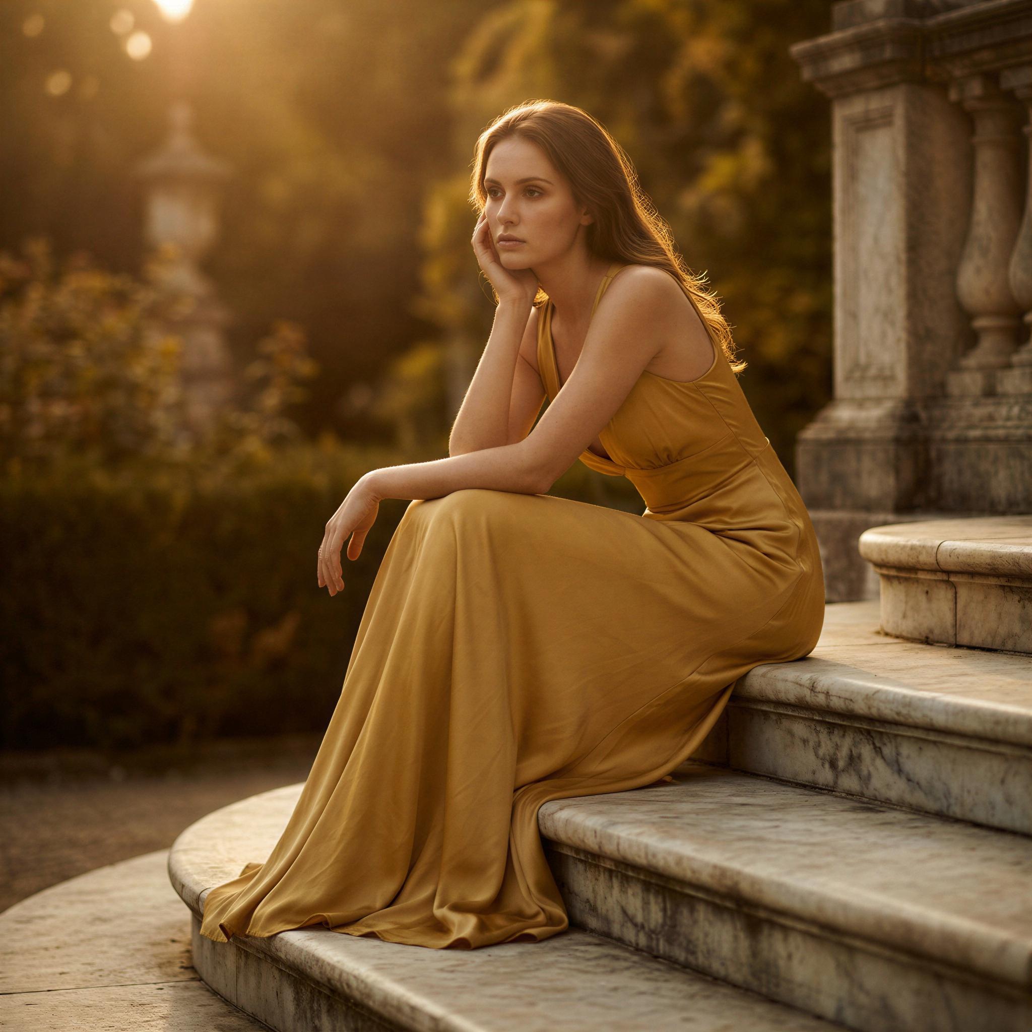 Vogue editorial style, solo portrait bathed in diffused golden hour sunlight, soft ethereal rim lighting, elegant contemplative pose outdoors on marble steps, atmospheric rich tones, shallow depth of field, ultra-high resolution editorial quality