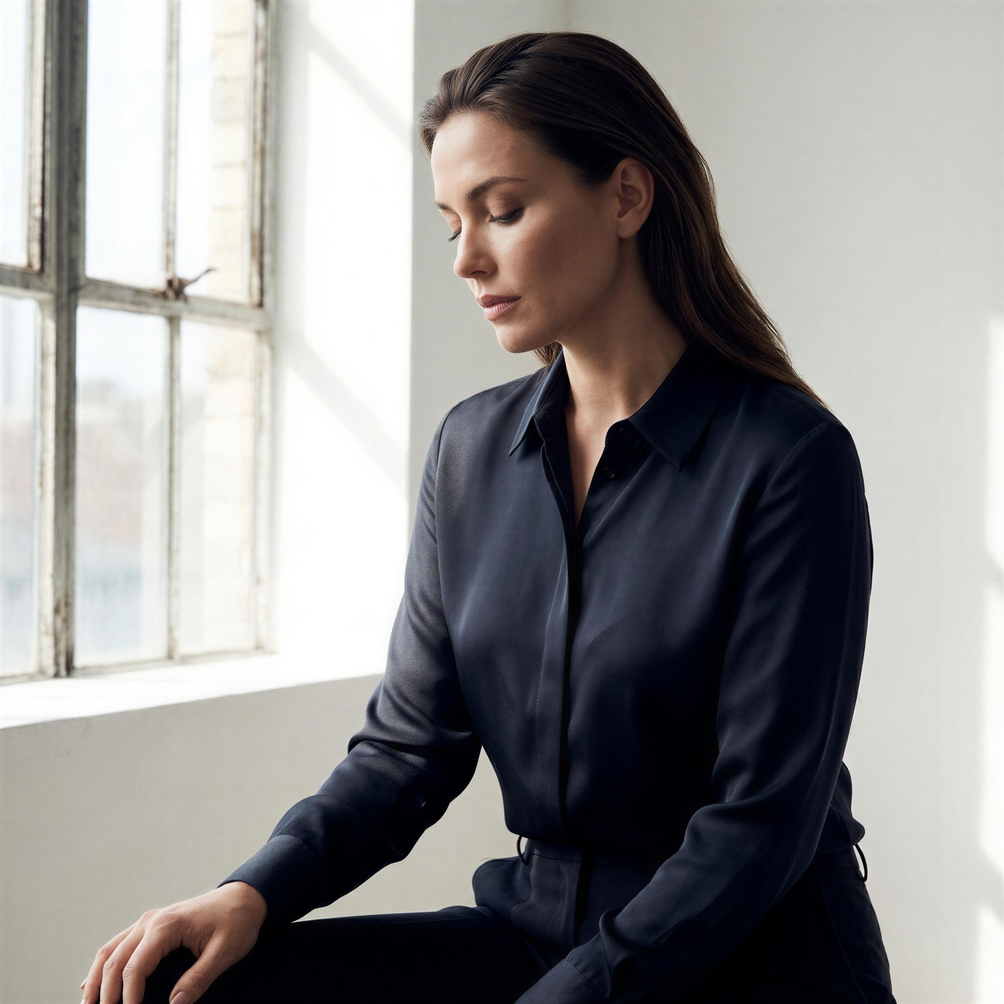 Vogue editorial style, solo portrait by large window, soft diffused daylight illuminating one side of the face, elegant posture, sense of quiet contemplation, high-contrast shadows defining features, professional beauty editorial quality, crisp focus, serene atmosphere