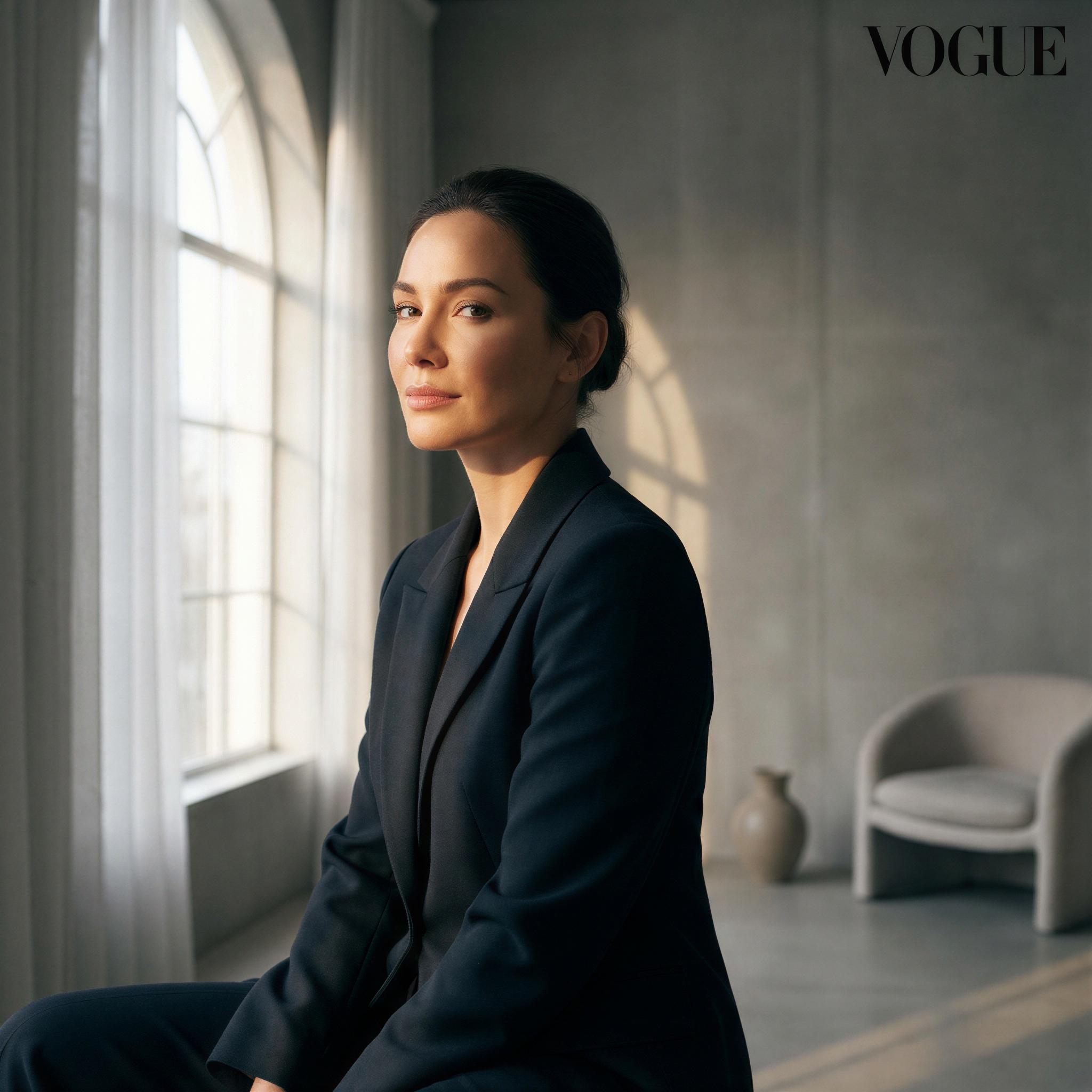 Vogue editorial style solo photography, soft window light highlighting one side of the subject, dramatic shadow contrast, minimalist modern interior backdrop, confident and elegant mood, medium close-up composition, high-resolution editorial quality, refined natural illumination